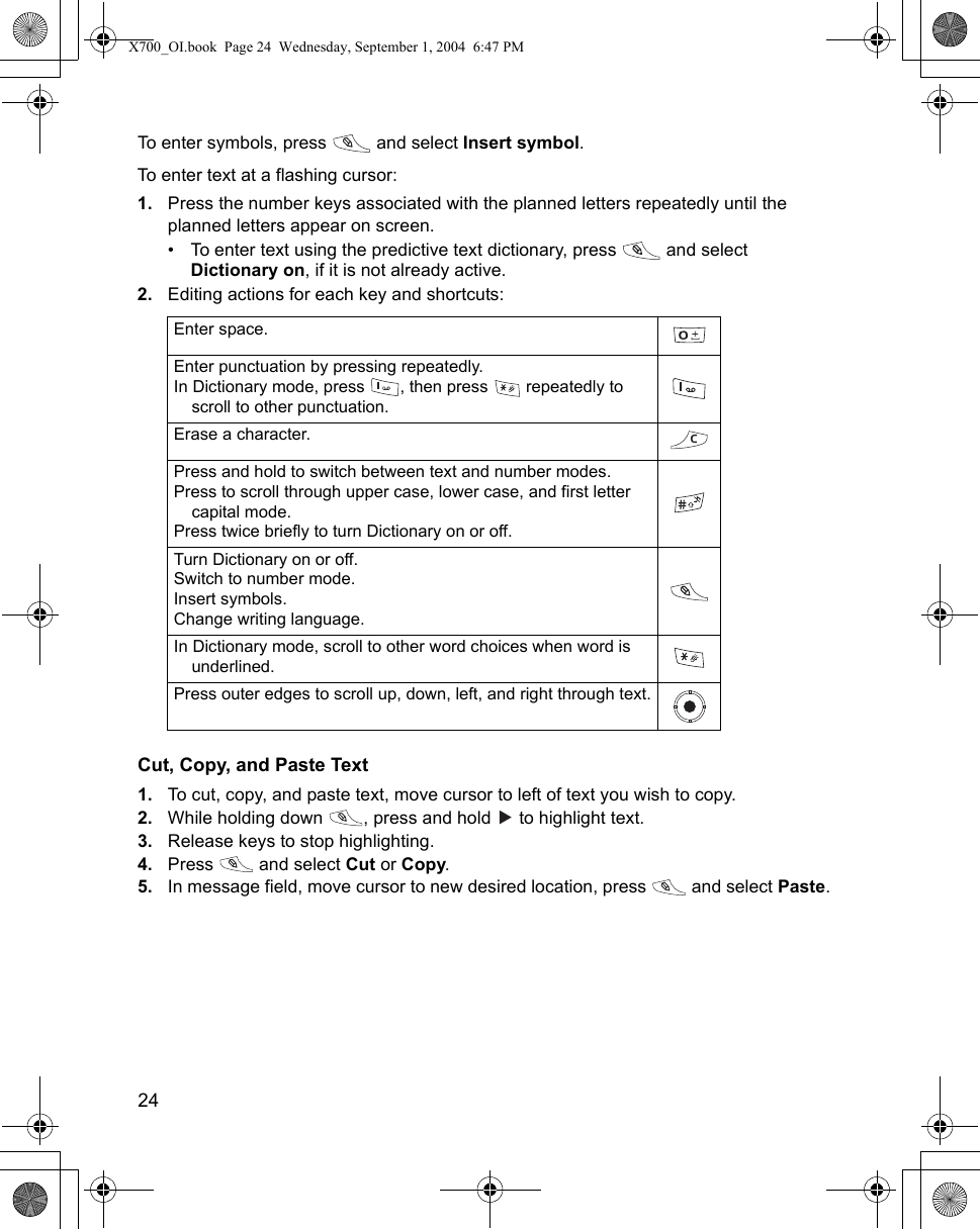 24      To enter symbols, press   and select Insert symbol.To enter text at a flashing cursor:1. Press the number keys associated with the planned letters repeatedly until the planned letters appear on screen. • To enter text using the predictive text dictionary, press   and select Dictionary on, if it is not already active.2. Editing actions for each key and shortcuts:Cut, Copy, and Paste Text1. To cut, copy, and paste text, move cursor to left of text you wish to copy. 2. While holding down  , press and hold   to highlight text.3. Release keys to stop highlighting. 4. Press  and select Cut or Copy. 5. In message field, move cursor to new desired location, press   and select Paste.Enter space.Enter punctuation by pressing repeatedly.In Dictionary mode, press  , then press   repeatedly to scroll to other punctuation.Erase a character.Press and hold to switch between text and number modes.Press to scroll through upper case, lower case, and first letter capital mode.Press twice briefly to turn Dictionary on or off.Turn Dictionary on or off.Switch to number mode.Insert symbols.Change writing language.In Dictionary mode, scroll to other word choices when word is underlined.Press outer edges to scroll up, down, left, and right through text.X700_OI.book  Page 24  Wednesday, September 1, 2004  6:47 PM