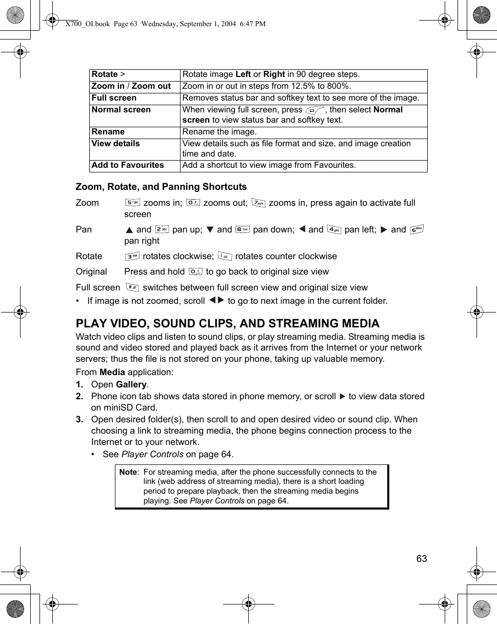    63Zoom, Rotate, and Panning ShortcutsZoom  zooms in;   zooms out;   zooms in, press again to activate full screenPan  and   pan up;   and   pan down;   and   pan left;   and   pan rightRotate  rotates clockwise;   rotates counter clockwiseOriginal Press and hold   to go back to original size view Full screen  switches between full screen view and original size view • If image is not zoomed, scroll   to go to next image in the current folder.PLAY VIDEO, SOUND CLIPS, AND STREAMING MEDIAWatch video clips and listen to sound clips, or play streaming media. Streaming media is sound and video stored and played back as it arrives from the Internet or your network servers; thus the file is not stored on your phone, taking up valuable memory.From Media application:1. Open Gallery.2. Phone icon tab shows data stored in phone memory, or scroll   to view data stored on miniSD Card. 3. Open desired folder(s), then scroll to and open desired video or sound clip. When choosing a link to streaming media, the phone begins connection process to the Internet or to your network.• See Player Controls on page 64.Rotate &gt;  Rotate image Left or Right in 90 degree steps.Zoom in / Zoom out Zoom in or out in steps from 12.5% to 800%.Full screen Removes status bar and softkey text to see more of the image.Normal screen When viewing full screen, press  , then select Normal screen to view status bar and softkey text.Rename Rename the image.View details View details such as file format and size, and image creation time and date.Add to Favourites Add a shortcut to view image from Favourites.Note: For streaming media, after the phone successfully connects to the link (web address of streaming media), there is a short loading period to prepare playback, then the streaming media begins playing. See Player Controls on page 64.X700_OI.book  Page 63  Wednesday, September 1, 2004  6:47 PM
