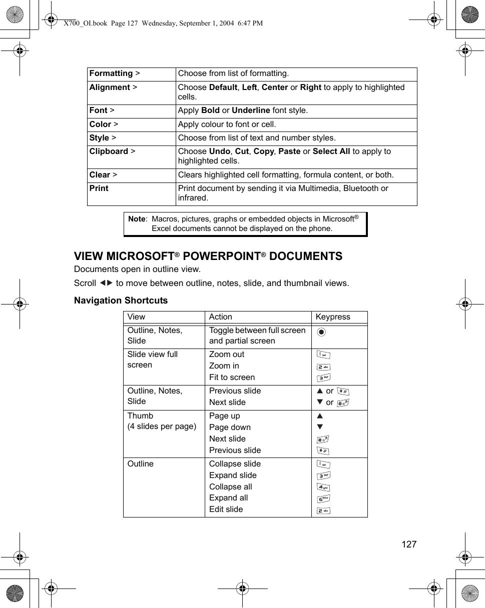    127VIEW MICROSOFT® POWERPOINT® DOCUMENTSDocuments open in outline view.Scroll   to move between outline, notes, slide, and thumbnail views.Navigation Shortcuts Formatting &gt; Choose from list of formatting.Alignment &gt; Choose Default, Left, Center or Right to apply to highlighted cells.Font &gt; Apply Bold or Underline font style.Color &gt;  Apply colour to font or cell.Style &gt; Choose from list of text and number styles.Clipboard &gt; Choose Undo, Cut, Copy, Paste or Select All to apply to highlighted cells.Clear &gt; Clears highlighted cell formatting, formula content, or both.Print Print document by sending it via Multimedia, Bluetooth or infrared.Note: Macros, pictures, graphs or embedded objects in Microsoft® Excel documents cannot be displayed on the phone.View Action KeypressOutline, Notes, SlideToggle between full screen and partial screenSlide view full screenZoom outZoom inFit to screenOutline, Notes, SlidePrevious slideNext slide or  or Thumb(4 slides per page)Page upPage downNext slidePrevious slideOutline Collapse slideExpand slideCollapse allExpand allEdit slideX700_OI.book  Page 127  Wednesday, September 1, 2004  6:47 PM