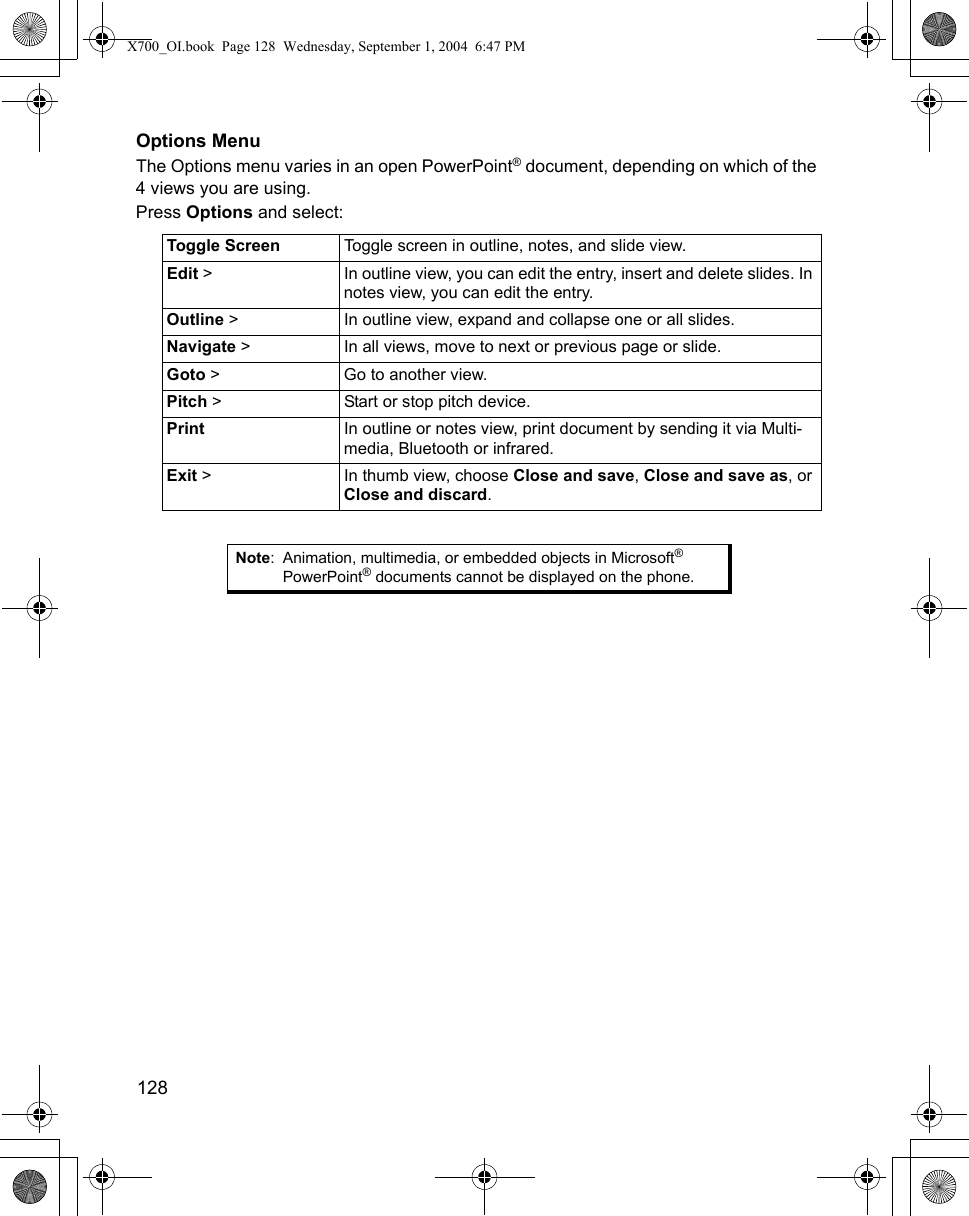 128      Options MenuThe Options menu varies in an open PowerPoint® document, depending on which of the 4 views you are using. Press Options and select:   Toggle Screen Toggle screen in outline, notes, and slide view.Edit &gt; In outline view, you can edit the entry, insert and delete slides. In notes view, you can edit the entry.Outline &gt; In outline view, expand and collapse one or all slides.Navigate &gt;  In all views, move to next or previous page or slide.Goto &gt;  Go to another view.Pitch &gt; Start or stop pitch device.Print  In outline or notes view, print document by sending it via Multi-media, Bluetooth or infrared.Exit &gt;  In thumb view, choose Close and save, Close and save as, or Close and discard.Note: Animation, multimedia, or embedded objects in Microsoft® PowerPoint® documents cannot be displayed on the phone.X700_OI.book  Page 128  Wednesday, September 1, 2004  6:47 PM