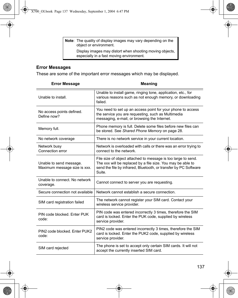    137 Error MessagesThese are some of the important error messages which may be displayed.Note: The quality of display images may vary depending on the object or environment.Display images may distort when shooting moving objects, especially in a fast moving environment. Error Message MeaningUnable to install.Unable to install game, ringing tone, application, etc., for various reasons such as not enough memory, or downloading failed.No access points defined. Define now?You need to set up an access point for your phone to access the service you are requesting, such as Multimedia messaging, e-mail, or browsing the Internet.Memory full. Phone memory is full. Delete some files before new files can be stored. See Shared Phone Memory on page 28.No network coverage There is no network service in your current location.Network busyConnection errorNetwork is overloaded with calls or there was an error trying to connect to the network.Unable to send message. Maximum message size is xxx.File size of object attached to message is too large to send. The xxx will be replaced by a file size. You may be able to send the file by infrared, Bluetooth, or transfer by PC Software Suite.Unable to connect. No network coverage. Cannot connect to server you are requesting.Secure connection not available Network cannot establish a secure connection.SIM card registration failed The network cannot register your SIM card. Contact your wireless service provider.PIN code blocked. Enter PUK code:PIN code was entered incorrectly 3 times, therefore the SIM card is locked. Enter the PUK code, supplied by wireless service provider.PIN2 code blocked. Enter PUK2 code:PIN2 code was entered incorrectly 3 times, therefore the SIM card is locked. Enter the PUK2 code, supplied by wireless service provider.SIM card rejected The phone is set to accept only certain SIM cards. It will not accept the currently inserted SIM card.X700_OI.book  Page 137  Wednesday, September 1, 2004  6:47 PM