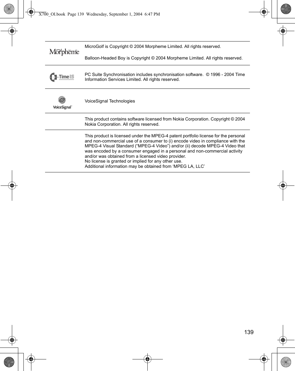    139MicroGolf is Copyright © 2004 Morpheme Limited. All rights reserved.Balloon-Headed Boy is Copyright © 2004 Morpheme Limited. All rights reserved.PC Suite Synchronisation includes synchronisation software.  © 1996 - 2004 Time Information Services Limited. All rights reserved.VoiceSignal TechnologiesThis product contains software licensed from Nokia Corporation. Copyright © 2004 Nokia Corporation. All rights reserved.  This product is licensed under the MPEG-4 patent portfolio license for the personal and non-commercial use of a consumer to (i) encode video in compliance with the MPEG-4 Visual Standard (“MPEG-4 Video”) and/or (ii) decode MPEG-4 Video that was encoded by a consumer engaged in a personal and non-commercial activity and/or was obtained from a licensed video provider.No license is granted or implied for any other use.Additional information may be obtained from ‘MPEG LA, LLC’  TMX700_OI.book  Page 139  Wednesday, September 1, 2004  6:47 PM