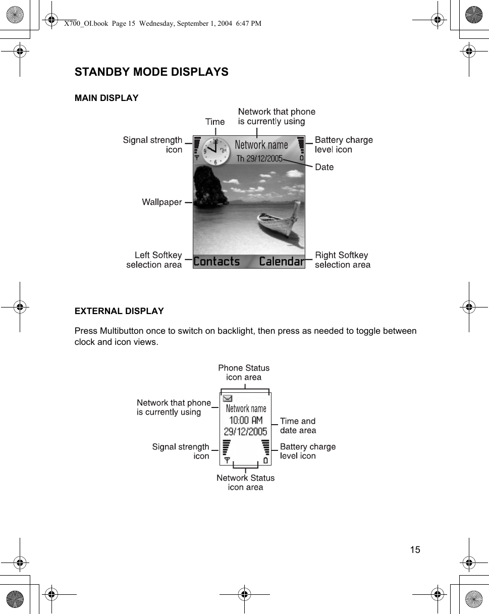    15STANDBY MODE DISPLAYSMAIN DISPLAYEXTERNAL DISPLAYPress Multibutton once to switch on backlight, then press as needed to toggle between clock and icon views.X700_OI.book  Page 15  Wednesday, September 1, 2004  6:47 PM