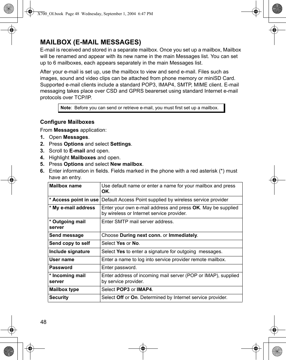 48      MAILBOX (E-MAIL MESSAGES)E-mail is received and stored in a separate mailbox. Once you set up a mailbox, Mailbox will be renamed and appear with its new name in the main Messages list. You can set up to 6 mailboxes, each appears separately in the main Messages list.After your e-mail is set up, use the mailbox to view and send e-mail. Files such as images, sound and video clips can be attached from phone memory or miniSD Card. Supported e-mail clients include a standard POP3, IMAP4, SMTP, MIME client. E-mail messaging takes place over CSD and GPRS bearerset using standard Internet e-mail protocols over TCP/IP.Configure MailboxesFrom Messages application:1. Open Messages.2. Press Options and select Settings.3. Scroll to E-mail and open.4. Highlight Mailboxes and open.5. Press Options and select New mailbox.6. Enter information in fields. Fields marked in the phone with a red asterisk (*) must have an entry. Note: Before you can send or retrieve e-mail, you must first set up a mailbox.Mailbox name  Use default name or enter a name for your mailbox and press OK.* Access point in use Default Access Point supplied by wireless service provider* My e-mail address Enter your own e-mail address and press OK. May be supplied by wireless or Internet service provider.* Outgoing mail serverEnter SMTP mail server address.Send message Choose During next conn. or Immediately.Send copy to self Select Yes or No.Include signature Select Yes to enter a signature for outgoing  messages.User name Enter a name to log into service provider remote mailbox.Password Enter password. * Incoming mail serverEnter address of incoming mail server (POP or IMAP), supplied by service provider.Mailbox type Select POP3 or IMAP4.Security Select Off or On. Determined by Internet service provider.X700_OI.book  Page 48  Wednesday, September 1, 2004  6:47 PM