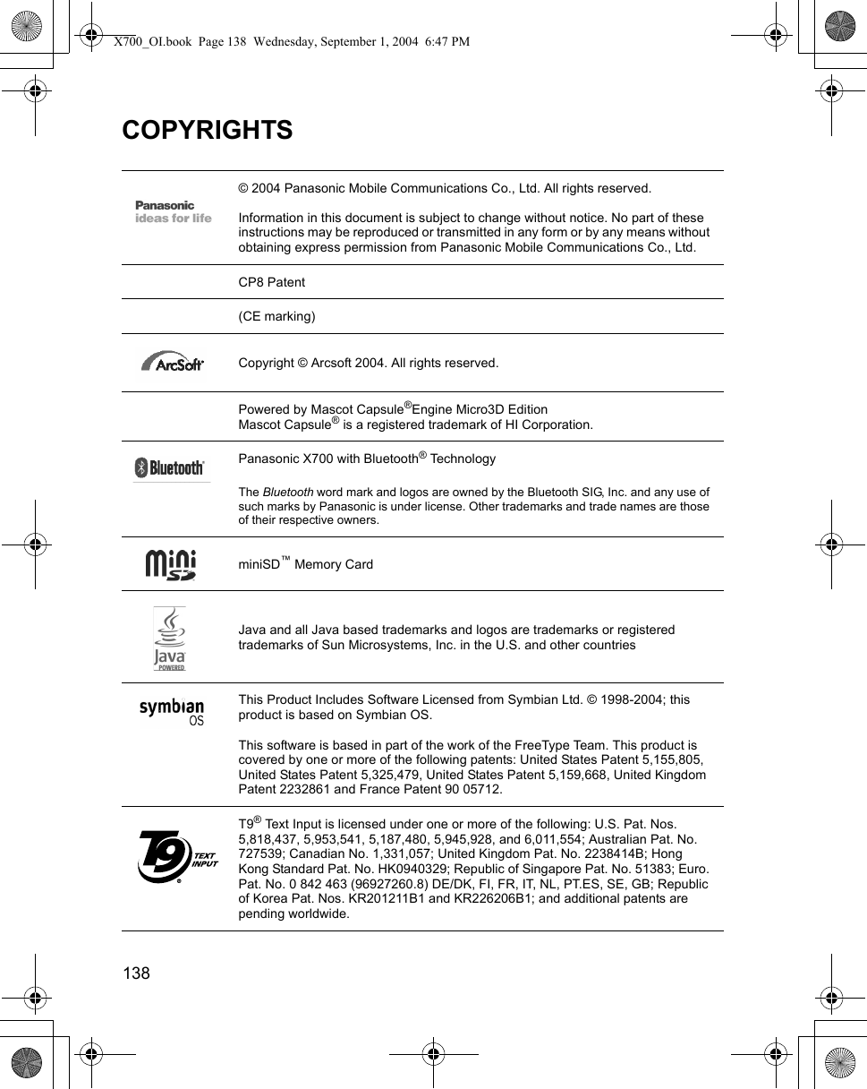 138      COPYRIGHTS © 2004 Panasonic Mobile Communications Co., Ltd. All rights reserved.Information in this document is subject to change without notice. No part of these instructions may be reproduced or transmitted in any form or by any means without obtaining express permission from Panasonic Mobile Communications Co., Ltd.CP8 Patent(CE marking)Copyright © Arcsoft 2004. All rights reserved.Powered by Mascot Capsule®Engine Micro3D Edition Mascot Capsule® is a registered trademark of HI Corporation.Panasonic X700 with Bluetooth® TechnologyThe Bluetooth word mark and logos are owned by the Bluetooth SIG, Inc. and any use of such marks by Panasonic is under license. Other trademarks and trade names are those of their respective owners.miniSD™ Memory Card  Java and all Java based trademarks and logos are trademarks or registered trademarks of Sun Microsystems, Inc. in the U.S. and other countries This Product Includes Software Licensed from Symbian Ltd. © 1998-2004; this product is based on Symbian OS.This software is based in part of the work of the FreeType Team. This product is covered by one or more of the following patents: United States Patent 5,155,805, United States Patent 5,325,479, United States Patent 5,159,668, United Kingdom Patent 2232861 and France Patent 90 05712. T9® Text Input is licensed under one or more of the following: U.S. Pat. Nos. 5,818,437, 5,953,541, 5,187,480, 5,945,928, and 6,011,554; Australian Pat. No. 727539; Canadian No. 1,331,057; United Kingdom Pat. No. 2238414B; Hong Kong Standard Pat. No. HK0940329; Republic of Singapore Pat. No. 51383; Euro. Pat. No. 0 842 463 (96927260.8) DE/DK, FI, FR, IT, NL, PT.ES, SE, GB; Republic of Korea Pat. Nos. KR201211B1 and KR226206B1; and additional patents are pending worldwide. X700_OI.book  Page 138  Wednesday, September 1, 2004  6:47 PM