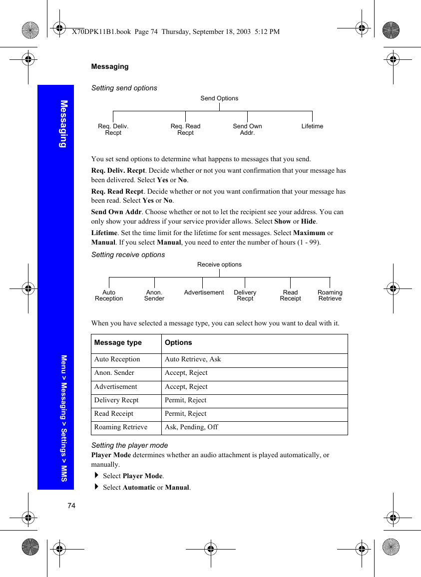 74MessagingMessagingSetting send optionsYou set send options to determine what happens to messages that you send.Req. Deliv. Recpt. Decide whether or not you want confirmation that your message has been delivered. Select Yes or No. Req. Read Recpt. Decide whether or not you want confirmation that your message has been read. Select Yes or No. Send Own Addr. Choose whether or not to let the recipient see your address. You can only show your address if your service provider allows. Select Show or Hide.Lifetime. Set the time limit for the lifetime for sent messages. Select Maximum or Manual. If you select Manual, you need to enter the number of hours (1 - 99).Setting receive optionsWhen you have selected a message type, you can select how you want to deal with it.Setting the player modePlayer Mode determines whether an audio attachment is played automatically, or manually.Select Player Mode.Select Automatic or Manual.Message type OptionsAuto Reception Auto Retrieve, AskAnon. Sender Accept, RejectAdvertisement Accept, RejectDelivery Recpt Permit, RejectRead Receipt Permit, RejectRoaming Retrieve Ask, Pending, OffSend OptionsReq. Read Recpt Send Own Addr.Req. Deliv. Recpt LifetimeReceive optionsAuto Reception Anon. Sender Advertisement Delivery Recpt Roaming RetrieveRead ReceiptMenu &gt; Messaging &gt; Settings &gt; MMSX70DPK11B1.book  Page 74  Thursday, September 18, 2003  5:12 PM