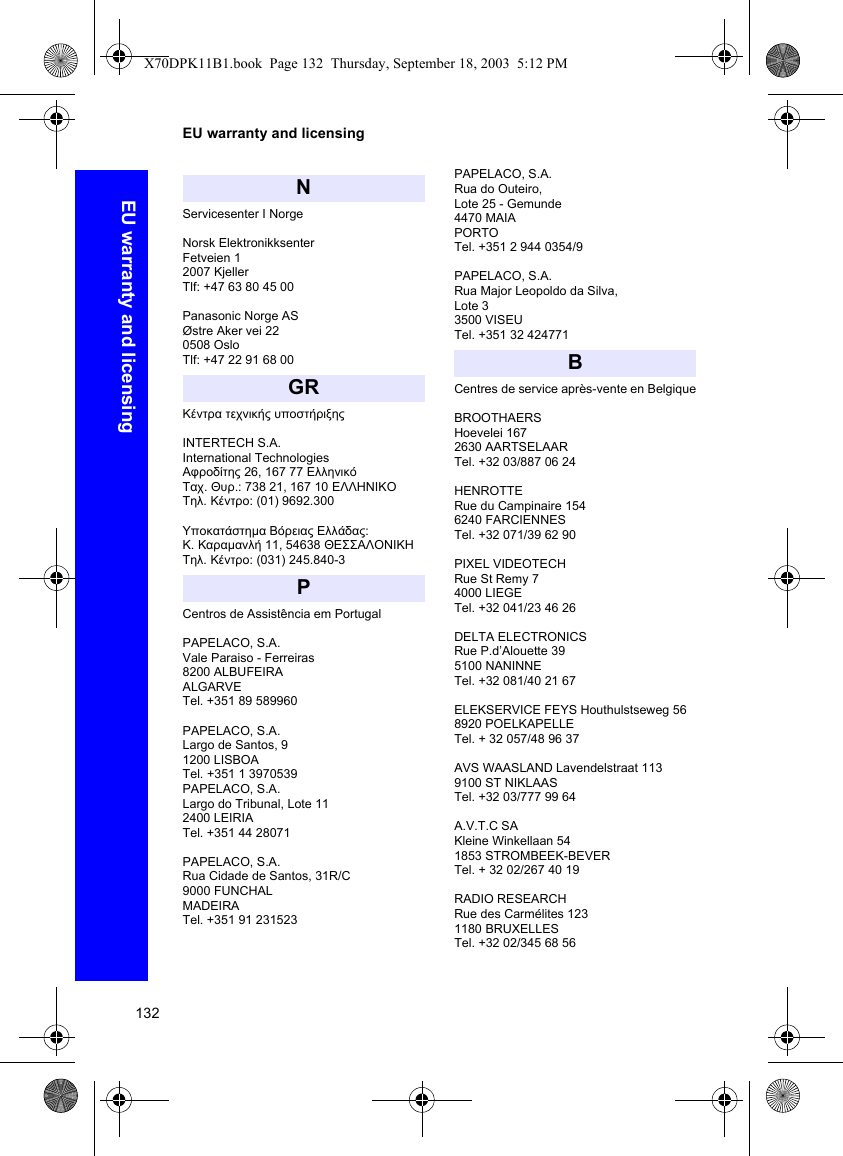 132EU warranty and licensingEU warranty and licensingServicesenter I NorgeNorsk ElektronikksenterFetveien 12007 KjellerTlf: +47 63 80 45 00Panasonic Norge ASØstre Aker vei 220508 OsloTlf: +47 22 91 68 00Κέντρα τεχνικής υποστήριξηςINTERTECH S.A.International TechnologiesΑφροδίτης 26, 167 77 ΕλληνικόTαχ. Θυρ.: 738 21, 167 10 ΕΛΛΗΝΙΚΟΤηλ. Κέντρο: (01) 9692.300Υποκατάστηµα Βόρειας Ελλάδας:Κ. Καραµανλή 11, 54638 ΘΕΣΣΑΛΟΝΙΚΗΤηλ. Κέντρο: (031) 245.840-3Centros de Assistência em PortugalPAPELACO, S.A.Vale Paraiso - Ferreiras8200 ALBUFEIRA ALGARVE Tel. +351 89 589960 PAPELACO, S.A.Largo de Santos, 91200 LISBOATel. +351 1 3970539PAPELACO, S.A. Largo do Tribunal, Lote 11 2400 LEIRIA Tel. +351 44 28071PAPELACO, S.A. Rua Cidade de Santos, 31R/C 9000 FUNCHAL MADEIRATel. +351 91 231523PAPELACO, S.A. Rua do Outeiro, Lote 25 - Gemunde 4470 MAIAPORTO Tel. +351 2 944 0354/9PAPELACO, S.A. Rua Major Leopoldo da Silva,Lote 33500 VISEU Tel. +351 32 424771Centres de service après-vente en BelgiqueBROOTHAERS Hoevelei 167 2630 AARTSELAAR Tel. +32 03/887 06 24HENROTTE Rue du Campinaire 154 6240 FARCIENNES Tel. +32 071/39 62 90PIXEL VIDEOTECH Rue St Remy 7 4000 LIEGE Tel. +32 041/23 46 26DELTA ELECTRONICS Rue P.d’Alouette 39 5100 NANINNE Tel. +32 081/40 21 67ELEKSERVICE FEYS Houthulstseweg 56 8920 POELKAPELLE Tel. + 32 057/48 96 37AVS WAASLAND Lavendelstraat 113 9100 ST NIKLAAS Tel. +32 03/777 99 64A.V.T.C SA Kleine Winkellaan 54 1853 STROMBEEK-BEVER Tel. + 32 02/267 40 19 RADIO RESEARCH Rue des Carmélites 123 1180 BRUXELLES Tel. +32 02/345 68 56NGRPBX70DPK11B1.book  Page 132  Thursday, September 18, 2003  5:12 PM