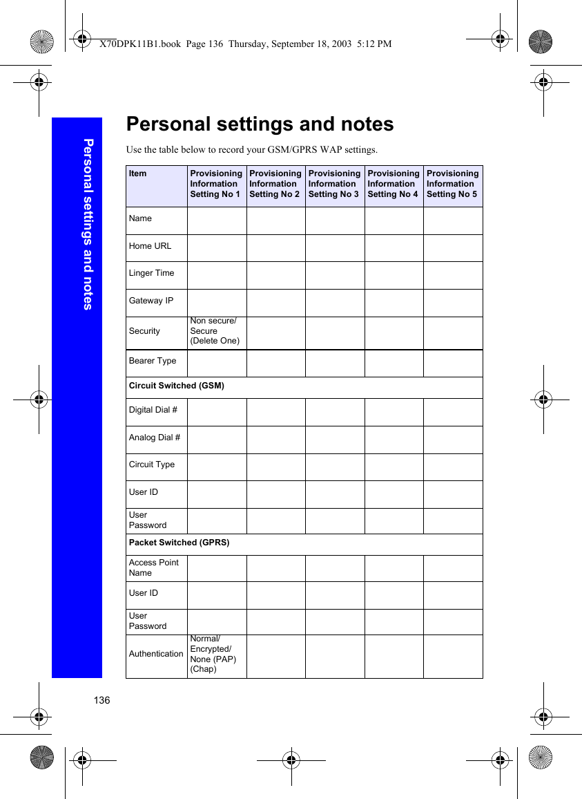 136Personal settings and notesPersonal settings and notesUse the table below to record your GSM/GPRS WAP settings.Item Provisioning Information Setting No 1Provisioning Information Setting No 2Provisioning Information Setting No 3Provisioning Information Setting No 4Provisioning Information Setting No 5NameHome URLLinger TimeGateway IPSecurityNon secure/Secure(Delete One)Bearer TypeCircuit Switched (GSM)Digital Dial #Analog Dial #Circuit TypeUser IDUser PasswordPacket Switched (GPRS)Access Point NameUser IDUser PasswordAuthenticationNormal/Encrypted/None (PAP) (Chap)X70DPK11B1.book  Page 136  Thursday, September 18, 2003  5:12 PM