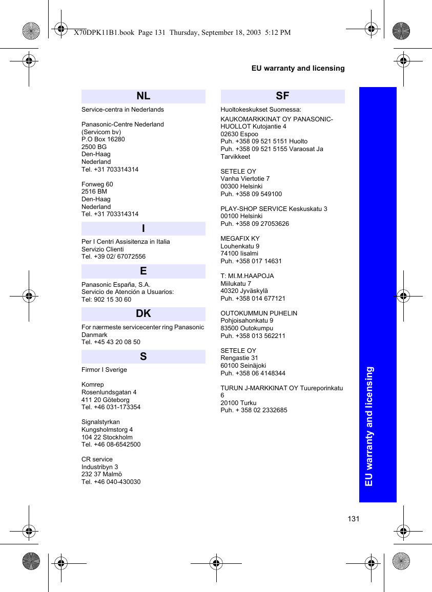 131EU warranty and licensingEU warranty and licensingService-centra in NederlandsPanasonic-Centre Nederland(Servicom bv) P.O Box 16280 2500 BG Den-Haag Nederland Tel. +31 703314314Fonweg 60 2516 BM Den-Haag Nederland Tel. +31 703314314Per I Centri Assisitenza in ItaliaServizio ClientiTel. +39 02/ 67072556Panasonic España, S.A. Servicio de Atención a Usuarios:Tel: 902 15 30 60For nærmeste servicecenter ring Panasonic DanmarkTel. +45 43 20 08 50Firmor I SverigeKomrep Rosenlundsgatan 4 411 20 Göteborg Tel. +46 031-173354Signalstyrkan Kungsholmstorg 4 104 22 Stockholm Tel. +46 08-6542500CR service Industribyn 3 232 37 Malmö Tel. +46 040-430030Huoltokeskukset Suomessa:KAUKOMARKKINAT OY PANASONIC-HUOLLOT Kutojantie 4 02630 Espoo Puh. +358 09 521 5151 Huolto Puh. +358 09 521 5155 Varaosat Ja TarvikkeetSETELE OY Vanha Viertotie 7 00300 Helsinki Puh. +358 09 549100PLAY-SHOP SERVICE Keskuskatu 3 00100 Helsinki Puh. +358 09 27053626MEGAFIX KY Louhenkatu 9 74100 Iisalmi Puh. +358 017 14631T: MI.M.HAAPOJA Miilukatu 7 40320 Jyväskylä Puh. +358 014 677121OUTOKUMMUN PUHELIN Pohjoisahonkatu 983500 Outokumpu Puh. +358 013 562211SETELE OY Rengastie 31 60100 Seinäjoki Puh. +358 06 4148344TURUN J-MARKKINAT OY Tuureporinkatu 6 20100 Turku Puh. + 358 02 2332685NLIEDKSSFX70DPK11B1.book  Page 131  Thursday, September 18, 2003  5:12 PM