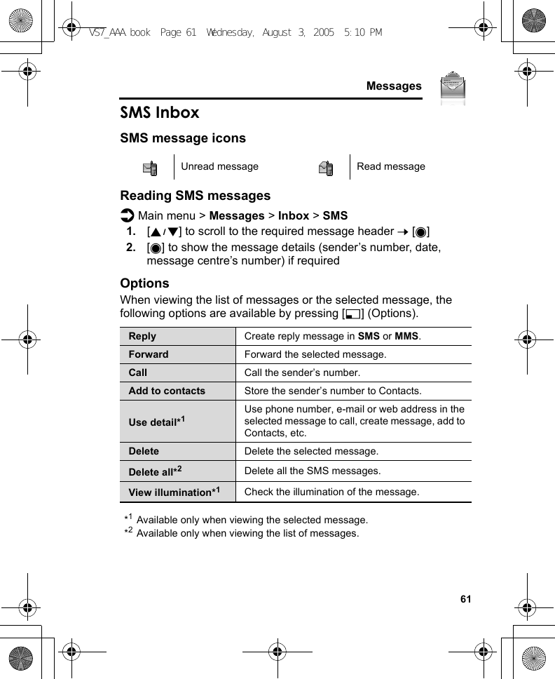     61MessagesSMS InboxSMS message iconsReading SMS messagesd Main menu &gt; Messages &gt; Inbox &gt; SMS1. [192] to scroll to the required message header 7 [0]2. [0] to show the message details (sender’s number, date, message centre’s number) if requiredOptionsWhen viewing the list of messages or the selected message, the following options are available by pressing [5] (Options).*1Available only when viewing the selected message.*2Available only when viewing the list of messages.Unread message Read messageReply Create reply message in SMS or MMS.Forward Forward the selected message.Call Call the sender’s number.Add to contacts Store the sender’s number to Contacts.Use detail*1Use phone number, e-mail or web address in the selected message to call, create message, add to Contacts, etc.Delete Delete the selected message.Delete all*2Delete all the SMS messages.View illumination*1Check the illumination of the message.VS7_AAA.book  Page 61  Wednesday, August 3, 2005  5:10 PM