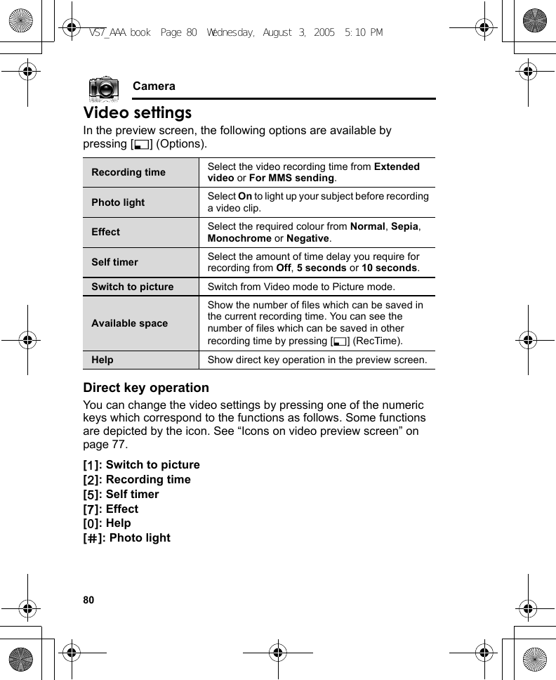 80CameraVideo settingsIn the preview screen, the following options are available by pressing [5] (Options).Direct key operationYou can change the video settings by pressing one of the numeric keys which correspond to the functions as follows. Some functions are depicted by the icon. See “Icons on video preview screen” on page 77.[A]: Switch to picture[S]: Recording time[G]: Self timer[I]: Effect[L]: Help[r]: Photo lightRecording time Select the video recording time from Extended video or For MMS sending.Photo light Select On to light up your subject before recording a video clip.Effect Select the required colour from Normal, Sepia, Monochrome or Negative.Self timer Select the amount of time delay you require for recording from Off, 5 seconds or 10 seconds.Switch to picture Switch from Video mode to Picture mode.Available spaceShow the number of files which can be saved in the current recording time. You can see the number of files which can be saved in other recording time by pressing [5] (RecTime).Help Show direct key operation in the preview screen.VS7_AAA.book  Page 80  Wednesday, August 3, 2005  5:10 PM