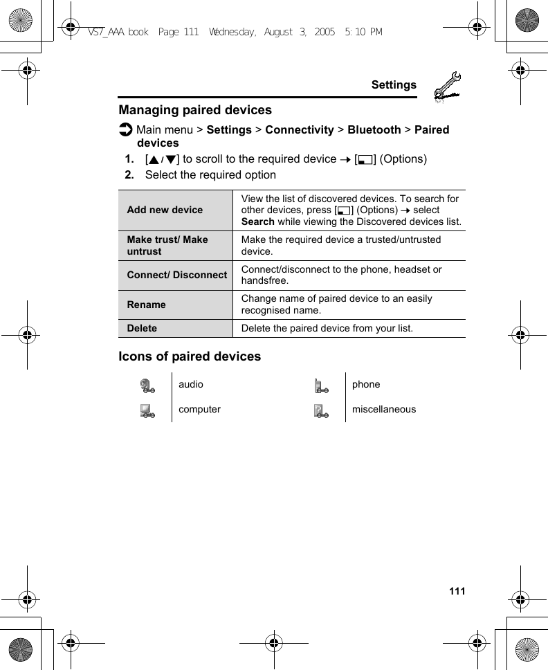     111SettingsManaging paired devicesd Main menu &gt; Settings &gt; Connectivity &gt; Bluetooth &gt; Paired devices1. [192] to scroll to the required device 7 [5] (Options)2. Select the required optionIcons of paired devicesAdd new deviceView the list of discovered devices. To search for other devices, press [5] (Options) 7 select Search while viewing the Discovered devices list.Make trust/ Make untrustMake the required device a trusted/untrusted device.Connect/ Disconnect Connect/disconnect to the phone, headset or handsfree.Rename Change name of paired device to an easily recognised name.Delete Delete the paired device from your list.audio phonecomputer miscellaneousVS7_AAA.book  Page 111  Wednesday, August 3, 2005  5:10 PM