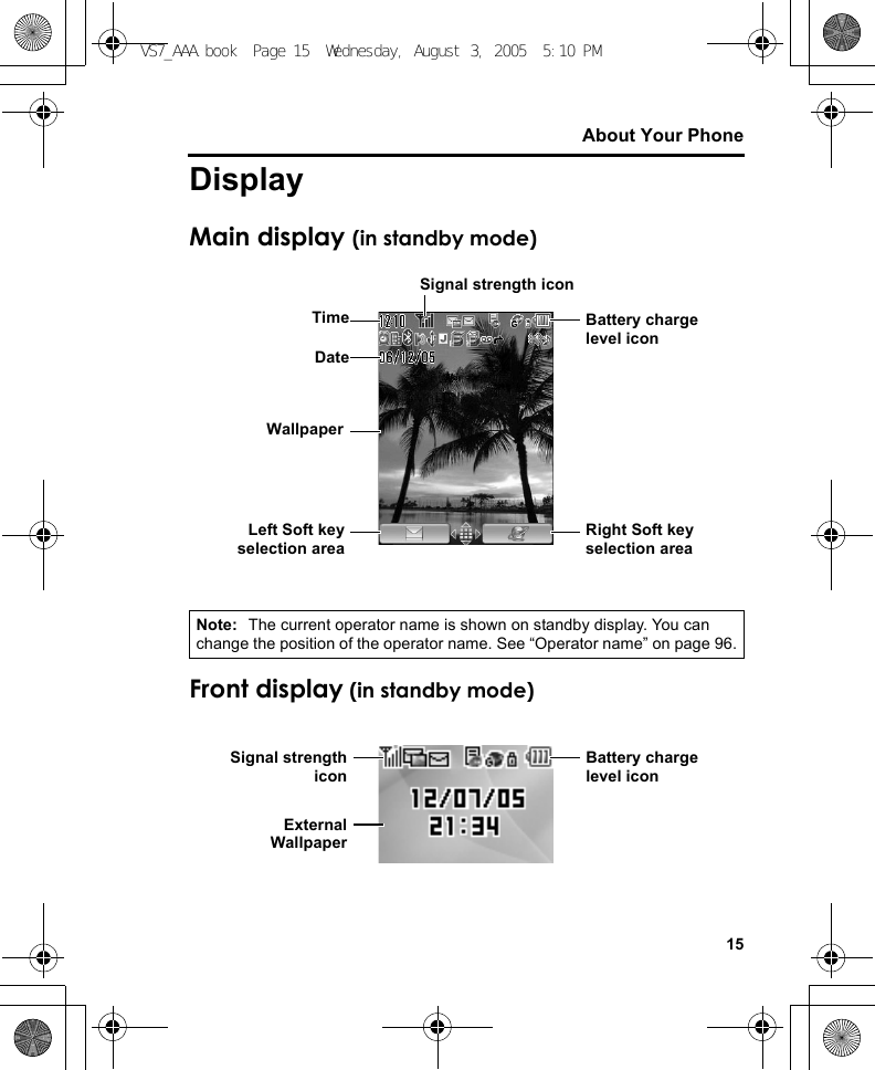 15About Your PhoneDisplayMain display (in standby mode)Front display (in standby mode)Note: The current operator name is shown on standby display. You can change the position of the operator name. See “Operator name” on page 96.WallpaperBattery charge level iconLeft Soft keyselection areaRight Soft key selection areaDateTimeSignal strength iconExternalWallpaperBattery charge level iconSignal strengthiconVS7_AAA.book  Page 15  Wednesday, August 3, 2005  5:10 PM