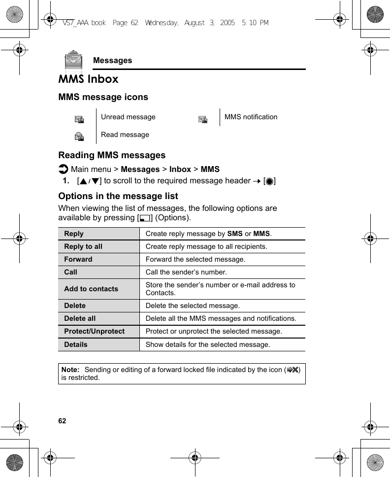 62MessagesMMS InboxMMS message iconsReading MMS messagesd Main menu &gt; Messages &gt; Inbox &gt; MMS1. [192] to scroll to the required message header 7 [0]Options in the message listWhen viewing the list of messages, the following options are available by pressing [5] (Options).Unread message MMS notificationRead messageReply Create reply message by SMS or MMS.Reply to all Create reply message to all recipients.Forward Forward the selected message.Call Call the sender’s number.Add to contacts Store the sender’s number or e-mail address to Contacts.Delete Delete the selected message.Delete all Delete all the MMS messages and notifications.Protect/Unprotect Protect or unprotect the selected message.Details Show details for the selected message.Note: Sending or editing of a forward locked file indicated by the icon ( ) is restricted.VS7_AAA.book  Page 62  Wednesday, August 3, 2005  5:10 PM