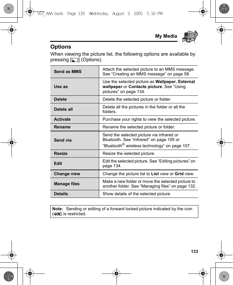     133My MediaOptionsWhen viewing the picture list, the following options are available by pressing [5] (Options).Send as MMS Attach the selected picture to an MMS message. See “Creating an MMS message” on page 58.Use asUse the selected picture as Wallpaper, External wallpaper or Contacts picture. See “Using pictures” on page 134.Delete Delete the selected picture or folder.Delete all Delete all the pictures in the folder or all the folders.Activate Purchase your rights to view the selected picture.Rename Rename the selected picture or folder.Send viaSend the selected picture via infrared or Bluetooth. See “Infrared” on page 105 or “Bluetooth® wireless technology” on page 107.Resize Resize the selected picture.Edit Edit the selected picture. See “Editing pictures” on page 134.Change view Change the picture list to List view or Grid view.Manage files Make a new folder or move the selected picture to another folder. See “Managing files” on page 132.Details Show details of the selected picture.Note: Sending or editing of a forward locked picture indicated by the icon ( ) is restricted.VS7_AAA.book  Page 133  Wednesday, August 3, 2005  5:10 PM