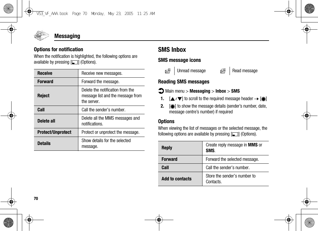 70MessagingOptions for notificationWhen the notification is highlighted, the following options are available by pressing [5] (Options).SMS InboxSMS message iconsReading SMS messagesd Main menu &gt; Messaging &gt; Inbox &gt; SMS1. [192] to scroll to the required message header 7 [0]2. [0] to show the message details (sender’s number, date, message centre’s number) if requiredOptionsWhen viewing the list of messages or the selected message, the following options are available by pressing [5] (Options).Receive Receive new messages.Forward Forward the message.RejectDelete the notification from the message list and the message from the server.Call Call the sender’s number.Delete all Delete all the MMS messages and notifications.Protect/Unprotect Protect or unprotect the message.Details Show details for the selected message.Unread message Read messageReply Create reply message in MMS or SMS.Forward Forward the selected message.Call Call the sender’s number.Add to contacts Store the sender’s number to Contacts.VS3_VF_AAA.book  Page 70  Monday, May 23, 2005  11:25 AM