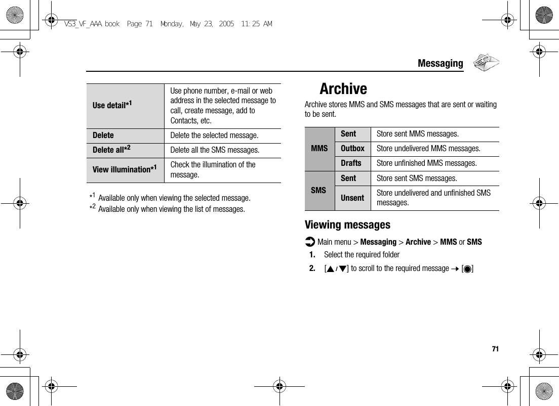 71Messaging*1Available only when viewing the selected message.*2Available only when viewing the list of messages.ArchiveArchive stores MMS and SMS messages that are sent or waiting to be sent.Viewing messagesd Main menu &gt; Messaging &gt; Archive &gt; MMS or SMS1. Select the required folder2. [192] to scroll to the required message 7 [0]Use detail*1Use phone number, e-mail or web address in the selected message to call, create message, add to Contacts, etc.Delete Delete the selected message.Delete all*2Delete all the SMS messages.View illumination*1Check the illumination of the message.MMSSent Store sent MMS messages.Outbox Store undelivered MMS messages.Drafts Store unfinished MMS messages.SMSSent Store sent SMS messages.Unsent Store undelivered and unfinished SMS messages.VS3_VF_AAA.book  Page 71  Monday, May 23, 2005  11:25 AM