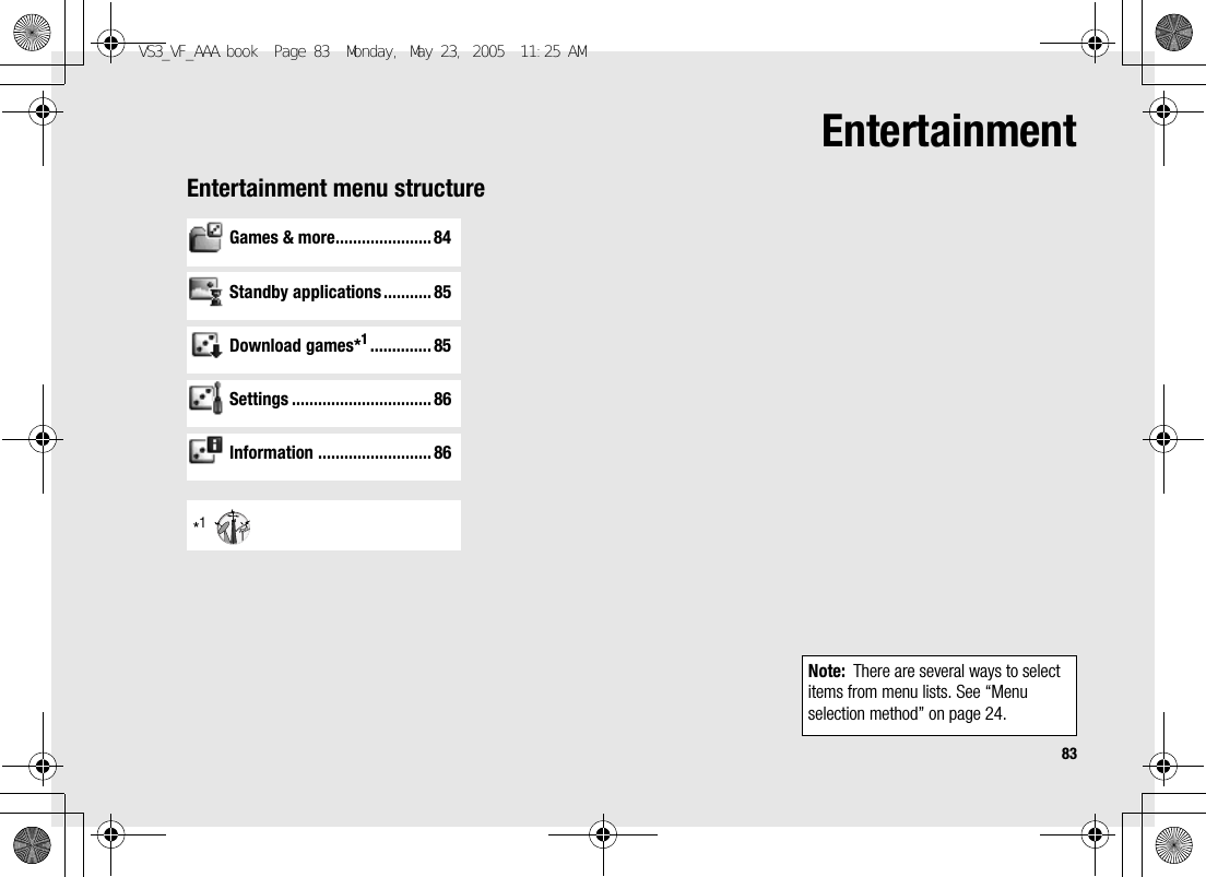 83EntertainmentEntertainment menu structureGames &amp; more...................... 84Standby applications ...........85Download games*1.............. 85Settings ................................ 86Information .......................... 86*1Note: There are several ways to select items from menu lists. See “Menu selection method” on page 24.VS3_VF_AAA.book  Page 83  Monday, May 23, 2005  11:25 AM