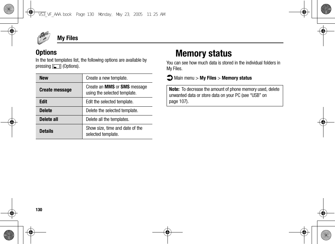 130My FilesOptionsIn the text templates list, the following options are available by pressing [5] (Options).Memory statusYou can see how much data is stored in the individual folders in My Files.d Main menu &gt; My Files &gt; Memory statusNew Create a new template.Create message Create an MMS or SMS message using the selected template.Edit Edit the selected template.Delete Delete the selected template.Delete all Delete all the templates.Details Show size, time and date of the selected template.Note: To decrease the amount of phone memory used, delete unwanted data or store data on your PC (see “USB” on page 107).VS3_VF_AAA.book  Page 130  Monday, May 23, 2005  11:25 AM