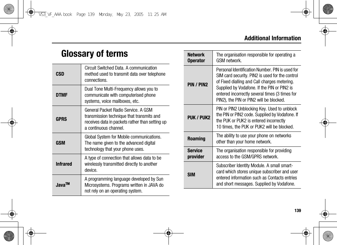 139Additional InformationGlossary of termsCSDCircuit Switched Data. A communication method used to transmit data over telephone connections.DTMFDual Tone Multi-Frequency allows you to communicate with computerised phone systems, voice mailboxes, etc.GPRSGeneral Packet Radio Service. A GSM transmission technique that transmits and receives data in packets rather than setting up a continuous channel.GSMGlobal System for Mobile communications. The name given to the advanced digital technology that your phone uses.InfraredA type of connection that allows data to be wirelessly transmitted directly to another device.JavaTMA programming language developed by Sun Microsystems. Programs written in JAVA do not rely on an operating system.Network OperatorThe organisation responsible for operating a GSM network.PIN / PIN2Personal Identification Number. PIN is used for SIM card security. PIN2 is used for the control of Fixed dialling and Call charges metering. Supplied by Vodafone. If the PIN or PIN2 is entered incorrectly several times (3 times for PIN2), the PIN or PIN2 will be blocked.PUK / PUK2PIN or PIN2 Unblocking Key. Used to unblock the PIN or PIN2 code. Supplied by Vodafone. If the PUK or PUK2 is entered incorrectly 10 times, the PUK or PUK2 will be blocked.Roaming The ability to use your phone on networks other than your home network.Service providerThe organisation responsible for providing access to the GSM/GPRS network.SIMSubscriber Identity Module. A small smart-card which stores unique subscriber and user entered information such as Contacts entries and short messages. Supplied by Vodafone.VS3_VF_AAA.book  Page 139  Monday, May 23, 2005  11:25 AM