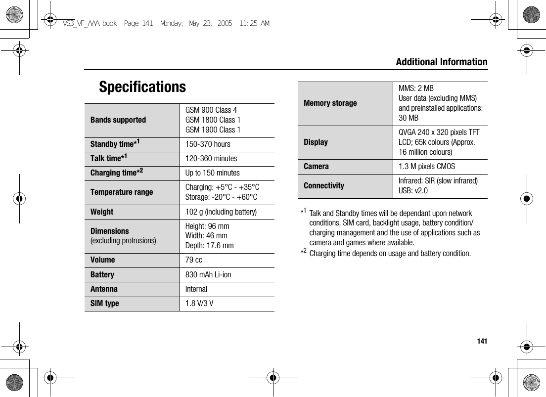 141Additional InformationSpecifications*1Talk and Standby times will be dependant upon network conditions, SIM card, backlight usage, battery condition/charging management and the use of applications such as camera and games where available.*2Charging time depends on usage and battery condition.Bands supportedGSM 900 Class 4GSM 1800 Class 1GSM 1900 Class 1Standby time*1150-370 hoursTalk time*1120-360 minutesCharging time*2Up to 150 minutesTemperature range Charging: +5°C - +35°CStorage: -20°C - +60°CWeight 102 g (including battery)Dimensions(excluding protrusions)Height: 96 mmWidth: 46 mmDepth: 17.6 mmVolume 79 ccBattery 830 mAh Li-ionAntenna InternalSIM type 1.8 V/3 VMemory storageMMS: 2 MBUser data (excluding MMS) and preinstalled applications: 30 MBDisplayQVGA 240 x 320 pixels TFT LCD; 65k colours (Approx. 16 million colours)Camera 1.3 M pixels CMOSConnectivity Infrared: SIR (slow infrared)USB: v2.0VS3_VF_AAA.book  Page 141  Monday, May 23, 2005  11:25 AM