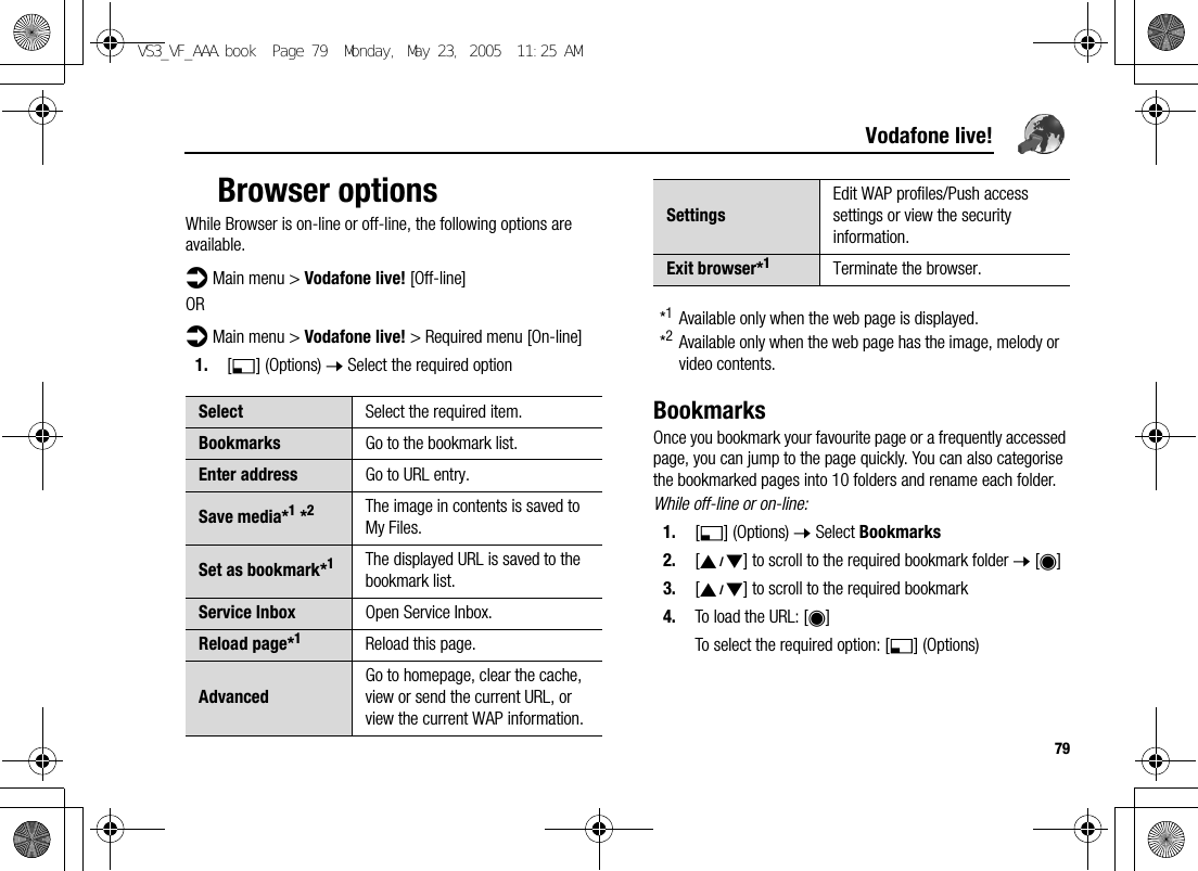 79Vodafone live!Browser optionsWhile Browser is on-line or off-line, the following options are available.d Main menu &gt; Vodafone live! [Off-line]ORd Main menu &gt; Vodafone live! &gt; Required menu [On-line]1. [5] (Options) 7 Select the required option*1Available only when the web page is displayed.*2Available only when the web page has the image, melody or video contents.BookmarksOnce you bookmark your favourite page or a frequently accessed page, you can jump to the page quickly. You can also categorise the bookmarked pages into 10 folders and rename each folder.While off-line or on-line:1. [5] (Options) 7 Select Bookmarks2. [192] to scroll to the required bookmark folder 7 [0]3. [192] to scroll to the required bookmark4. To load the URL: [0]To select the required option: [5] (Options)Select Select the required item.Bookmarks Go to the bookmark list.Enter address Go to URL entry.Save media*1 *2The image in contents is saved to My Files.Set as bookmark*1The displayed URL is saved to the bookmark list.Service Inbox Open Service Inbox.Reload page*1Reload this page.AdvancedGo to homepage, clear the cache, view or send the current URL, or view the current WAP information.SettingsEdit WAP profiles/Push access settings or view the security information.Exit browser*1Terminate the browser.VS3_VF_AAA.book  Page 79  Monday, May 23, 2005  11:25 AM