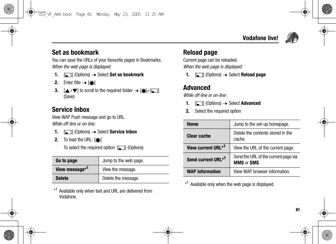81Vodafone live!Set as bookmarkYou can save the URLs of your favourite pages in Bookmarks.When the web page is displayed:1. [5] (Options) 7 Select Set as bookmark2. Enter title 7 [0]3. [192] to scroll to the required folder 7 [0]9[5] (Save)Service InboxView WAP Push message and go to URL.While off-line or on-line:1. [5] (Options) 7 Select Service Inbox2. To load the URL: [0]To select the required option: [5] (Options)*1Available only when text and URL are delivered from Vodafone.Reload pageCurrent page can be reloaded.When the web page is displayed:1. [5] (Options) 7 Select Reload pageAdvancedWhile off-line or on-line:1. [5] (Options) 7 Select Advanced2. Select the required option*1Available only when the web page is displayed.Go to page Jump to the web page.View message*1View the message.Delete Delete the message.Home Jump to the set-up homepage.Clear cache Delete the contents stored in the cache.View current URL*1View the URL of the current page.Send current URL*1Send the URL of the current page via MMS or SMS.WAP information View WAP browser information.VS3_VF_AAA.book  Page 81  Monday, May 23, 2005  11:25 AM