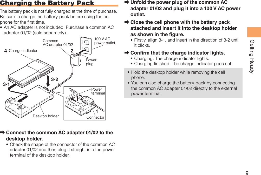 9Getting ReadyUnfold the power plug of the common AC  ➡adapter 01/02 and plug it into a 100 V AC power outlet.Close the cell phone with the battery pack  ➡attached and insert it into the desktop holder as shown in the  gure.Firstly, align 3-1, and insert in the direction of 3-2 until • it clicks.Con rm that the charge indicator lights. ➡Charging: The charge indicator lights.• Charging finished: The charge indicator goes out.• Hold the desktop holder while removing the cell • phone.You can also charge the battery pack by connecting • the common AC adapter 01/02 directly to the external power terminal.Charging the Battery PackThe battery pack is not fully charged at the time of purchase.Be sure to charge the battery pack before using the cell phone for the first time.An AC adapter is not included. Purchase a common AC • adapter 01/02 (sold separately).Connect the common AC adapter 01/02 to the  ➡desktop holder.Check the shape of the connector of the common AC • adapter 01/02 and then plug it straight into the power terminal of the desktop holder.Charge indicator4Desktop holder3-1Power terminalConnector1Common AC adapter 01/02 100 V AC power outletPowerplug23-2