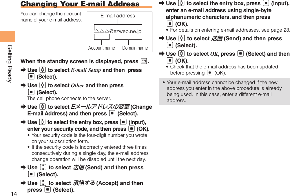 14Getting ReadyChanging Your E-mail AddressYou can change the account name of your e-mail address.When the standby screen is displayed, press L. Use  ➡G to select E-mail Setup and then  press [ (Select).Use  ➡G to select Other and then press [ (Select).The cell phone connects to the server.Use  ➡G to select Eメールアドレスの変更 (Change E-mail Address) and then press [ (Select).Use  ➡G to select the entry box, press [ (Input), enter your security code, and then press [ (OK).Your security code is the four-digit number you wrote • on your subscription form.If the security code is incorrectly entered three times • consecutively during a single day, the e-mail address change operation will be disabled until the next day.Use  ➡G to select 送信 (Send) and then press [ (Select).Use  ➡G to select 承諾する (Accept) and then press [ (Select).△△△@ezweb.ne.jpAccount name Domain nameE-mail addressUse  ➡G to select the entry box, press [ (Input), enter an e-mail address using single-byte alphanumeric characters, and then press [ (OK).For details on entering e-mail addresses, see page 23.• Use  ➡G to select 送信 (Send) and then press [ (Select).Use  ➡G to select OK, press [ (Select) and then [ (OK).Check that the e-mail address has been updated • before pressing [ (OK).Your e-mail address cannot be changed if the new • address you enter in the above procedure is already being used. In this case, enter a different e-mail address.