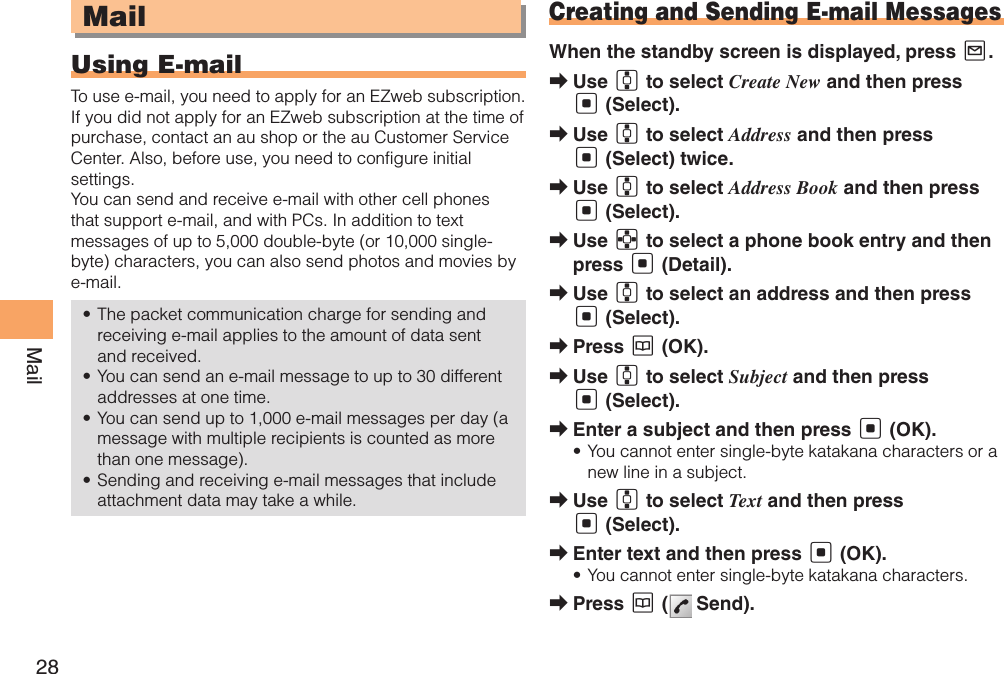 28MailMailUsing E-mailTo use e-mail, you need to apply for an EZweb subscription. If you did not apply for an EZweb subscription at the time of purchase, contact an au shop or the au Customer Service Center. Also, before use, you need to configure initial settings. You can send and receive e-mail with other cell phones that support e-mail, and with PCs. In addition to text messages of up to 5,000 double-byte (or 10,000 single-byte) characters, you can also send photos and movies by e-mail. The packet communication charge for sending and • receiving e-mail applies to the amount of data sent and received.You can send an e-mail message to up to 30 different • addresses at one time. You can send up to 1,000 e-mail messages per day (a • message with multiple recipients is counted as more than one message).Sending and receiving e-mail messages that include • attachment data may take a while.Creating and Sending E-mail MessagesWhen the standby screen is displayed, press L.Use  ➡G to select Create New and then press [ (Select).Use  ➡G to select Address and then press [ (Select) twice.Use  ➡G to select Address Book and then press [ (Select).Use  ➡E to select a phone book entry and then press [ (Detail).Use  ➡G to select an address and then press [ (Select). Press  ➡K (OK).Use  ➡G to select Subject and then press [ (Select).Enter a subject and then press  ➡[ (OK).You cannot enter single-byte katakana characters or a • new line in a subject. Use  ➡G to select Text and then press [ (Select).Enter text and then press  ➡[ (OK).You cannot enter single-byte katakana characters.• Press  ➡K (  Send).