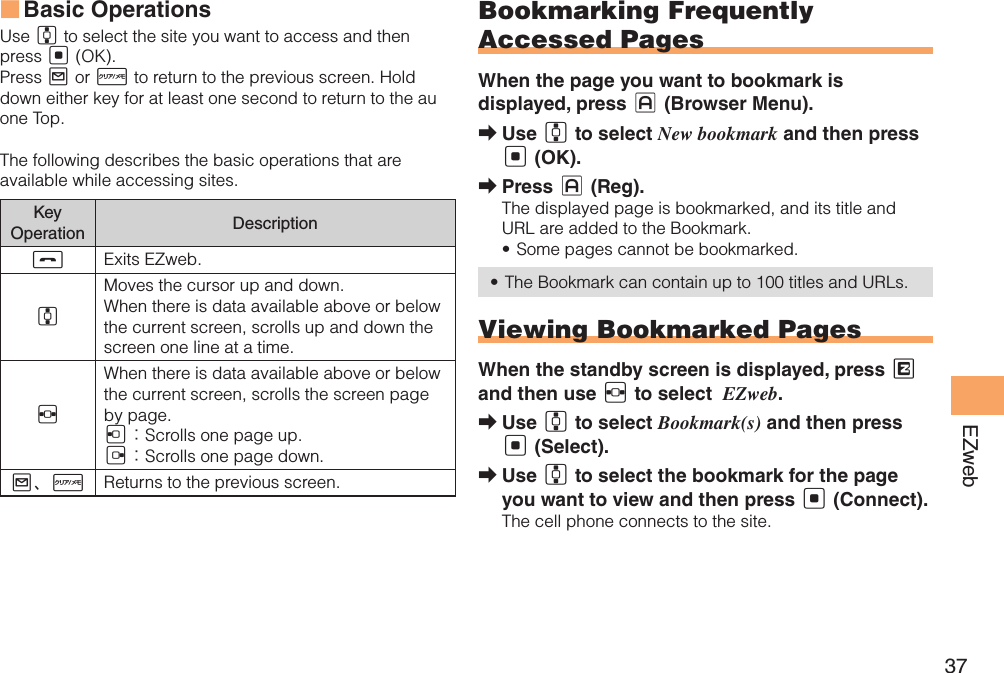 37EZwebBasic Operations ■Use G to select the site you want to access and then press [ (OK).Press L or R to return to the previous screen. Hold down either key for at least one second to return to the au one Top.The following describes the basic operations that are available while accessing sites.Key Operation DescriptionSExits EZweb.GMoves the cursor up and down. When there is data available above or below the current screen, scrolls up and down the screen one line at a time. FWhen there is data available above or below the current screen, scrolls the screen page by page.D：Scrolls one page up.C：Scrolls one page down.L、RReturns to the previous screen.Bookmarking Frequently Accessed PagesWhen the page you want to bookmark is displayed, press J (Browser Menu).Use  ➡G to select New bookmark and then press [ (OK). Press  ➡J (Reg).The displayed page is bookmarked, and its title and URL are added to the Bookmark. Some pages cannot be bookmarked. • The Bookmark can contain up to 100 titles and URLs.• Viewing Bookmarked PagesWhen the standby screen is displayed, press M and then use F to select  EZweb.Use  ➡G to select Bookmark(s) and then press [ (Select).Use  ➡G to select the bookmark for the page you want to view and then press [ (Connect).The cell phone connects to the site.