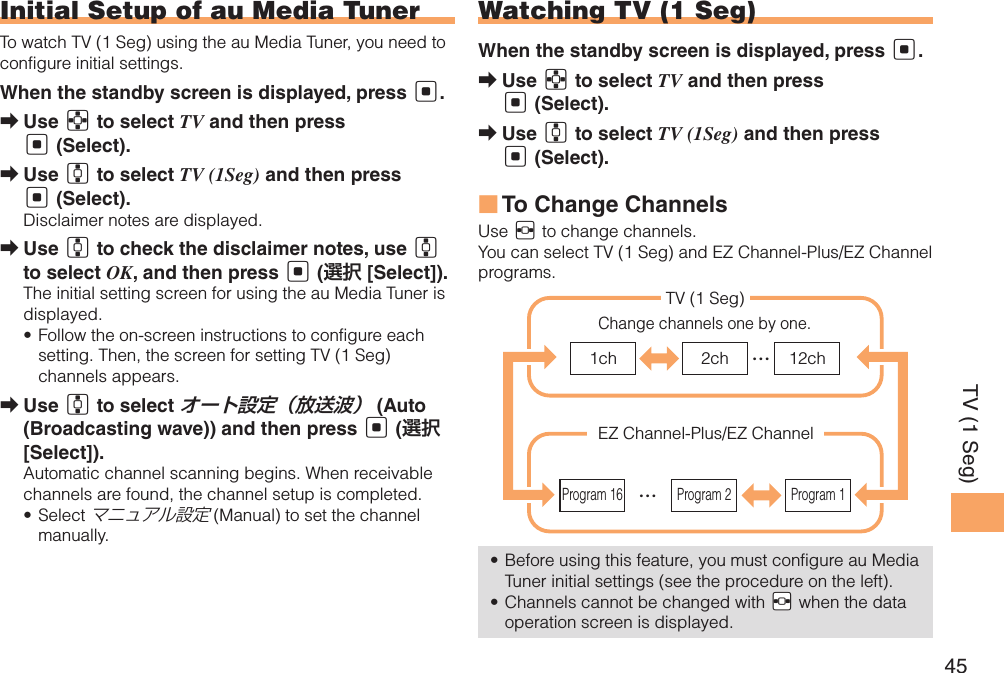 45TV (1 Seg)Initial Setup of au Media TunerTo watch TV (1 Seg) using the au Media Tuner, you need to configure initial settings. When the standby screen is displayed, press [.Use  ➡E to select TV and then press [ (Select).Use  ➡G to select TV (1Seg) and then press [ (Select).Disclaimer notes are displayed.Use  ➡G to check the disclaimer notes, use G to select OK, and then press [ (選択 [Select]). The initial setting screen for using the au Media Tuner is displayed. Follow the on-screen instructions to configure each • setting. Then, the screen for setting TV (1 Seg) channels appears. Use  ➡G to select オート設定（放送波） (Auto (Broadcasting wave)) and then press [ (選択 [Select]).Automatic channel scanning begins. When receivable channels are found, the channel setup is completed.Select • マニュアル設定 (Manual) to set the channel manually. Watching TV (1 Seg)When the standby screen is displayed, press [.Use  ➡E to select TV and then press [ (Select).Use  ➡G to select TV (1Seg) and then press [ (Select).To Change Channels  ■Use F to change channels.You can select TV (1 Seg) and EZ Channel-Plus/EZ Channel programs. Before using this feature, you must configure au Media • Tuner initial settings (see the procedure on the left).Channels cannot be changed with •  &quot;F when the data operation screen is displayed.EZ Channel-Plus/EZ Channel1ch 2ch …12chTV (1 Seg)Change channels one by one. Program 16 Program 2 Program 1…