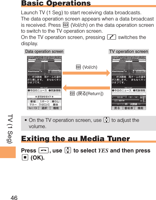 46TV (1 Seg)Basic OperationsLaunch TV (1 Seg) to start receiving data broadcasts. The data operation screen appears when a data broadcast is received. Press K (Vol/ch) on the data operation screen to switch to the TV operation screen. On the TV operation screen, pressing Q switches the display.On the TV operation screen, use •  &quot;G to adjust the volume.Exiting the au Media TunerPress S, use G to select YES and then press [ (OK).TV operation screenData operation screen (Vol/ch) (戻る[Return])