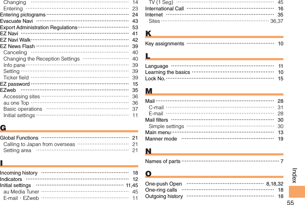 55IndexChanging  ………………………………………………… 14Entering  …………………………………………………… 23Entering pictograms ………………………………………… 24Evacuate Navi  ……………………………………………… 43Export Administration Regulations………………………… 53EZ Navi ……………………………………………………… 41EZ Navi Walk ………………………………………………… 42EZ News Flash ……………………………………………… 39Canceling  ………………………………………………… 40Changing the Reception Settings  ……………………… 40Info pane …………………………………………………… 39Setting ……………………………………………………… 39Ticker field ………………………………………………… 39EZ password ………………………………………………… 15EZweb  ……………………………………………………… 35Accessing sites …………………………………………… 36au one Top ………………………………………………… 36Basic operations  ………………………………………… 37Initial settings ……………………………………………… 11GGlobal Functions  …………………………………………… 21Calling to Japan from overseas ………………………… 21Setting area  ……………………………………………… 21IIncoming history  …………………………………………… 18Indicators  …………………………………………………… 12Initial settings  …………………………………………… 11,45au Media Tuner …………………………………………… 45E-mail・EZweb …………………………………………… 11TV (1 Seg)  ………………………………………………… 45International Call  …………………………………………… 16Internet  ……………………………………………………… 35Sites ……………………………………………………… 36,37KKey assignments …………………………………………… 10LLanguage  …………………………………………………… 11Learning the basics ………………………………………… 10Lock No. ……………………………………………………… 15MMail …………………………………………………………… 28C-mail ……………………………………………………… 31E-mail  ……………………………………………………… 28Mail  lters  …………………………………………………… 30Simple settings  …………………………………………… 30Main menu …………………………………………………… 13Manner mode  ……………………………………………… 19NNames of parts ………………………………………………… 7OOne-push Open  ……………………………………… 8,18,32One-ring calls  ……………………………………………… 18Outgoing history  …………………………………………… 18
