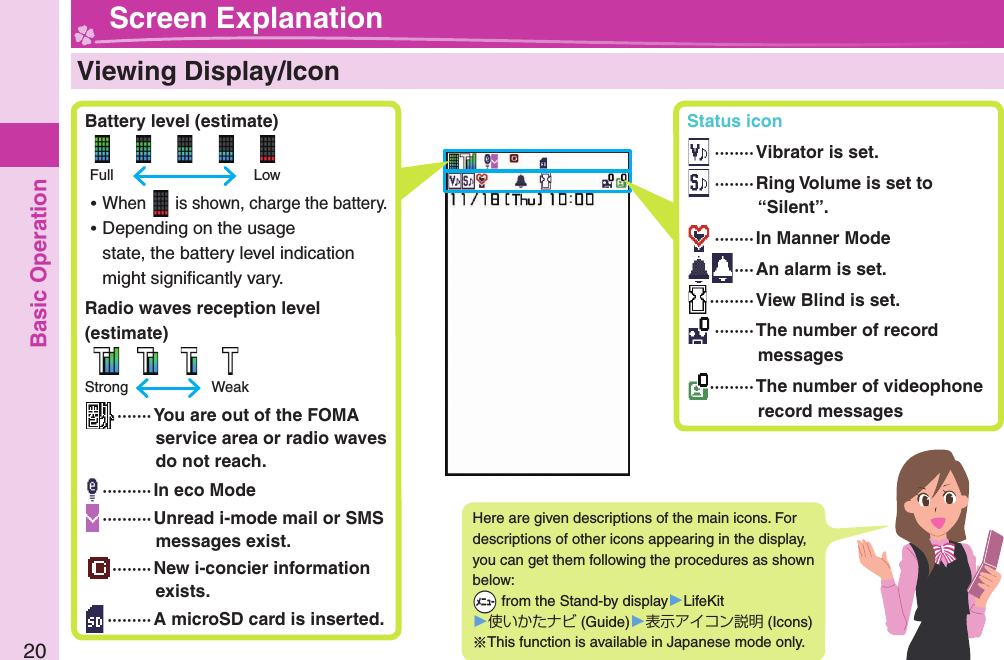 Basic Operation20  Viewing Display/Icon Battery level (estimate)      Full    Low ⿠When   is shown, charge the battery. ⿠Depending on the usage state, the battery level indication might signiﬁ cantly vary. Radio waves reception level (estimate)     Strong    Weak ·······  You are out of the FOMA service area or radio waves do not reach. ·········· In eco Mode ··········Unread i-mode mail or SMS messages exist.········New i-concier information exists. ········· A microSD card is inserted.Here are given descriptions of the main icons. For descriptions of other icons appearing in the display, you can get them following the procedures as shown below: +m from the Stand-by display󱚤LifeKit󱚤使いかたナビ (Guide)󱚤表示アイコン説明 (Icons)※This function is available in Japanese mode only. Screen Explanation Status icon ········Vibrator is set. ········Ring Volume is set to “Silent”. ········In Manner Mode ····An alarm is set. ·········View Blind is set. ········The number of record messages ·········The number of videophone record messages