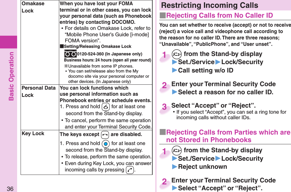 Basic Operation36Restricting Incoming Calls■ Rejecting Calls from No Caller ID■ Rejecting Calls from Parties which are not Stored in PhonebooksYou can set whether to receive (accept) or not to receive (reject) a voice call and videophone call according to the reason for no caller ID. There are three reasons; “Unavailable”, “PublicPhone”, and “User unset”.+m from the Stand-by display▶Set./Service▶Lock/Security▶Call setting w/o ID+m+1+m from the Stand-by display▶Set./Service▶Lock/Security▶Reject unknown+m+1Enter your Terminal Security Code▶Select a reason for no caller ID.Enter your Terminal Security Code2Enter your Terminal Security Code▶Select “Accept” or “Reject”.Enter your Terminal Security Code2Select “Accept” or “Reject”. ⿠If you select “Accept”, you can set a ring tone for incoming calls without caller IDs.Select “Accept” or “Reject”.3  Omakase LockWhen you have lost your FOMA terminal or in other cases, you can lock your personal data (such as Phonebook entries) by contacting DOCOMO. ⿠For details on Omakase Lock, refer to “Mobile Phone User’s Guide [i-mode] FOMA version”. Setting/Releasing Omakase Lock0120-524-360 (In Japanese only)Business hours: 24 hours (open all year round)※Unavailable from some IP phones. ⿠You can set/release also from the My docomo site via your personal computer or other devices. (In Japanese only) Personal Data LockYou can lock functions which use personal information such as Phonebook entries or schedule events.1. Press and hold -6 for at least one second from the Stand-by display. ⿠To cancel, perform the same operation and enter your Terminal Security Code.  Key Lock The keys except -h are disabled.1. Press and hold +Oo for at least one second from the Stand-by display. ⿠To release, perform the same operation. ⿠Even during Key Lock, you can answer incoming calls by pressing -d.