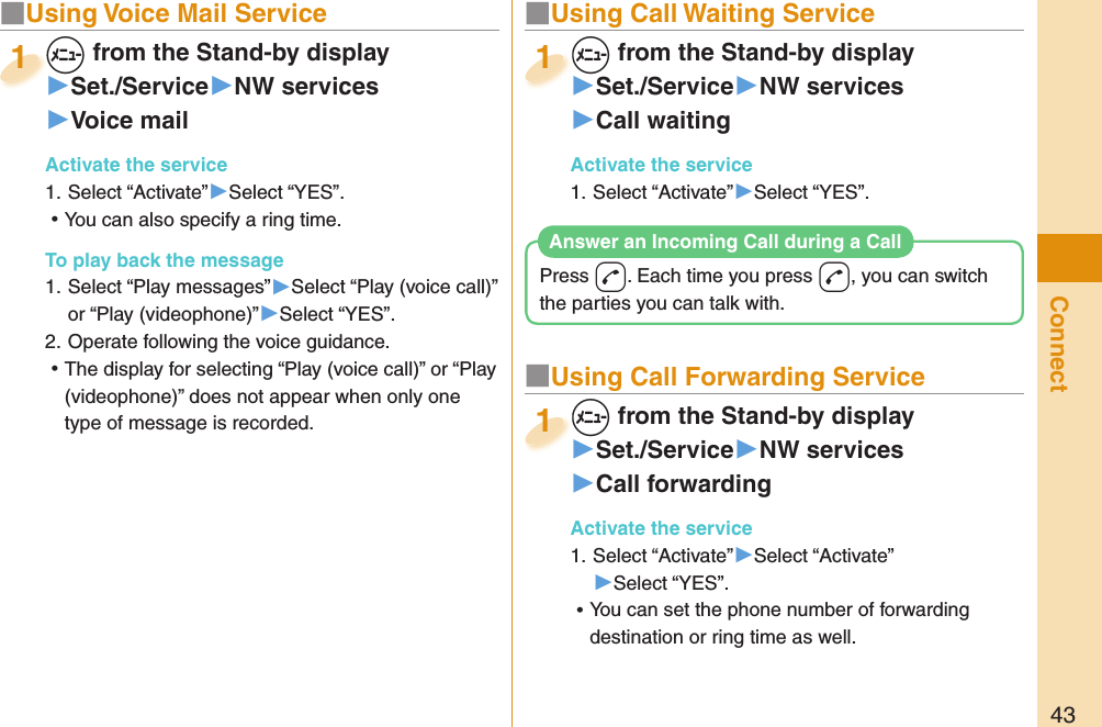 43Connect■  Using Voice Mail Service+m from the Stand-by display▶Set./Service▶NW services▶Voice mailActivate the service1. Select “Activate”▶Select “YES”. ⿠You can also specify a ring time. To play back the message1. Select “Play messages”▶Select “Play (voice call)” or “Play (videophone)”▶Select “YES”.2. Operate following the voice guidance. ⿠The display for selecting “Play (voice call)” or “Play (videophone)” does not appear when only one type of message is recorded.+m+1■ Using Call Waiting Service+m from the Stand-by display▶Set./Service▶NW services▶Call waitingActivate the service1. Select “Activate”▶Select “YES”.+m+1■ Using Call Forwarding Service+m from the Stand-by display▶Set./Service▶NW services▶Call forwardingActivate the service1. Select “Activate”▶Select “Activate”▶Select “YES”. ⿠You can set the phone number of forwarding destination or ring time as well.+m+1Press -d. Each time you press -d, you can switch the parties you can talk with.Answer an Incoming Call during a Call