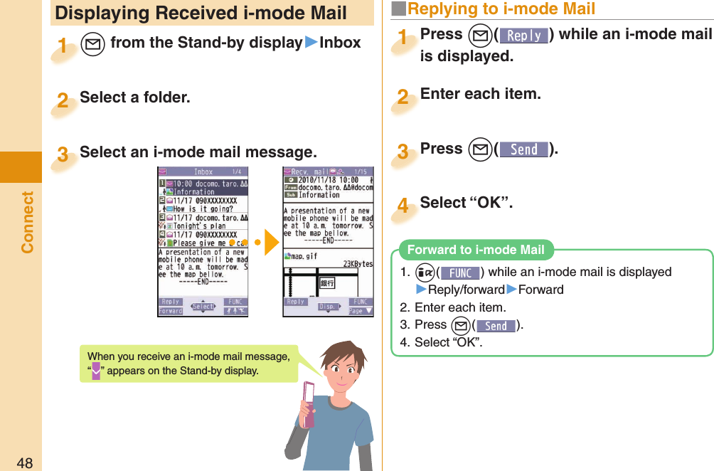 48Connect Displaying Received i-mode Mail+l from the Stand-by display▶Inbox+l+1Select a folder.Select a folder.2Select an i-mode mail message.Select an i-mode mail message.3When you receive an i-mode mail message, “” appears on the Stand-by display.Press +l( ) while an i-mode mail is displayed.Press is displayed.1■ Replying to i-mode MailEnter each item.Enter each item.2Press +l( ).Press 3Select “OK”.Select “OK”.41. +i( ) while an i-mode mail is displayed▶Reply/forward▶Forward2. Enter each item.3. Press +l().4. Select “OK”. Forward to i-mode Mail