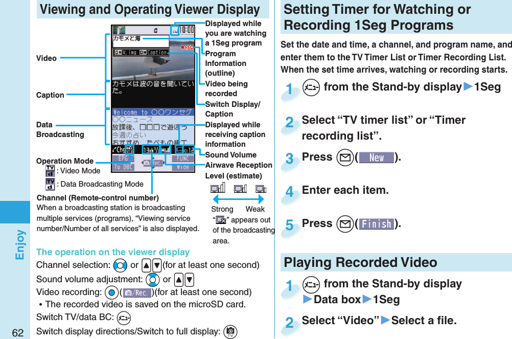 62Enjoy Viewing and Operating Viewer DisplayDisplayed while you are watching a 1Seg programProgram Information (outline)Operation ModeOperation Mode: Video Mode: Data Broadcasting ModeAirwave Reception Level (estimate)　 　Strong      Weak“” appears out of the broadcasting area.Sound VolumeVideo being recordedVideoCaptionData BroadcastingSwitch Display/CaptionThe operation on the viewer displayChannel selection: +No or .&lt;.&gt;(for at least one second)Sound volume adjustment: +Bo or .&lt;.&gt; Video recording: +Oo()(for at least one second) ⿠The recorded video is saved on the microSD card.Switch TV/data BC: +mSwitch display directions/Switch to full display: +cChannel (Remote-control number)When a broadcasting station is broadcasting multiple services (programs), “Viewing service number/Number of all services” is also displayed.Displayed while receiving caption informationSetting   Timer for Watching or Recording 1Seg ProgramsSet the date and time, a channel, and program name, and enter them to the TV Timer List or Timer Recording List. When the set time arrives, watching or recording starts. +m from the Stand-by display▶1Seg+m+1Press +l( ).Press 3Enter each item.Enter each item.4Press +l( ).Press 5Select “TV timer list” or “Timer recording list”.Select “TV timer list” or “Timer recording list”.2Playing Recorded  Video+m from the Stand-by display▶Data box▶1Seg+m+1Select “Video”▶Select a ﬁ le.Select “Video”2