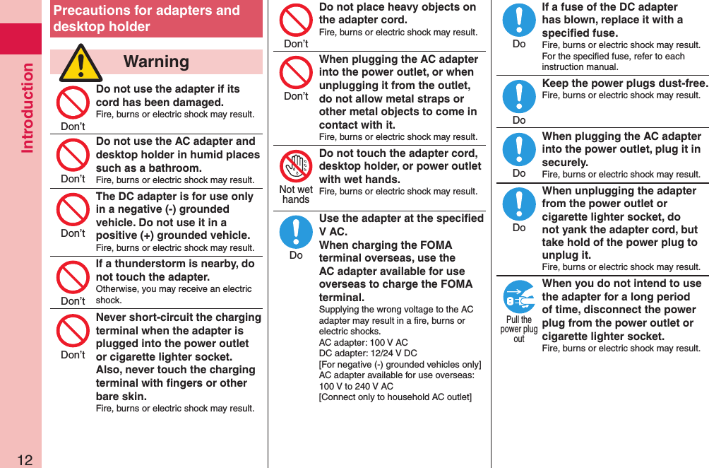 Introduction12Precautions for adapters and desktop holder  WarningDo not use the adapter if its cord has been damaged.Fire, burns or electric shock may result. Do not use the AC adapter and desktop holder in humid places such as a bathroom.Fire, burns or electric shock may result.The DC adapter is for use only in a negative (-) grounded vehicle. Do not use it in a positive (+) grounded vehicle.Fire, burns or electric shock may result.If a thunderstorm is nearby, do not touch the adapter.Otherwise, you may receive an electric shock.Never short-circuit the charging terminal when the adapter is plugged into the power outlet or cigarette lighter socket. Also, never touch the charging terminal with ﬁngers or other bare skin.Fire, burns or electric shock may result.Do not place heavy objects on the adapter cord.Fire, burns or electric shock may result. When plugging the AC adapter into the power outlet, or when unplugging it from the outlet, do not allow metal straps or other metal objects to come in contact with it.Fire, burns or electric shock may result.Do not touch the adapter cord, desktop holder, or power outlet with wet hands.Fire, burns or electric shock may result. Use the adapter at the speciﬁed V AC. When charging the FOMA terminal overseas, use the AC adapter available for use overseas to charge the FOMA terminal.Supplying the wrong voltage to the AC adapter may result in a ﬁre, burns or electric shocks. AC adapter: 100 V AC DC adapter: 12/24 V DC [For negative (-) grounded vehicles only] AC adapter available for use overseas: 100 V to 240 V AC [Connect only to household AC outlet]If a fuse of the DC adapter has blown, replace it with a speciﬁed fuse.Fire, burns or electric shock may result. For the speciﬁed fuse, refer to each instruction manual.Keep the power plugs dust-free.Fire, burns or electric shock may result.  When plugging the AC adapter into the power outlet, plug it in securely.Fire, burns or electric shock may result.When unplugging the adapter from the power outlet or cigarette lighter socket, do not yank the adapter cord, but take hold of the power plug to unplug it.Fire, burns or electric shock may result.When you do not intend to use the adapter for a long period of time, disconnect the power plug from the power outlet or cigarette lighter socket.Fire, burns or electric shock may result.Don’tDon’tDon’tDon’tDon’tDon’tDon’tNot wethandsDoDoDoDoDoPull thepower plugout