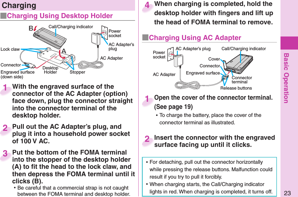 Basic Operation23With the engraved surface of the connector of the AC Adapter (option) face down, plug the connector straight into the connector terminal of the desktop holder.With the engraved surface of the connector of the AC Adapter (option) 1Pull out the AC Adapter’s plug, and plug it into a household power socket of 100 V AC.Pull out the AC Adapter’s plug, and plug it into a household power socket 2Put the bottom of the FOMA terminal into the stopper of the desktop holder (A) to ﬁ t the head to the lock claw, and then depress the FOMA terminal until it clicks (B). ⿠Be careful that a commercial strap is not caught between the FOMA terminal and desktop holder.Put the bottom of the FOMA terminal into the stopper of the desktop holder 3When charging is completed, hold the desktop holder with ﬁ ngers and lift up the head of FOMA terminal to remove.When charging is completed, hold the desktop holder with ﬁ ngers and lift up 4   Charging■Charging Using Desktop HolderOpen the cover of the connector terminal. (See page 19) ⿠To charge the battery, place the cover of the connector terminal as illustrated.Open the cover of the connector terminal. (See page 19)1 ⿠For detaching, pull out the connector horizontally while pressing the release buttons. Malfunction could result if you try to pull it forcibly. ⿠When charging starts, the Call/Charging indicator lights in red. When charging is completed, it turns off.■  Charging Using AC AdapterInsert the connector with the engraved surface facing up until it clicks.Insert the connector with the engraved surface facing up until it clicks.2Engraved surface(down side)Call/Charging indicatorPower socketAC AdapterAC Adapter’s plugLock clawConnector Stopper Desktop HolderCoverRelease buttonsConnector terminalEngraved surfaceCall/Charging indicatorPower socketAC AdapterAC Adapter’s plugConnector 