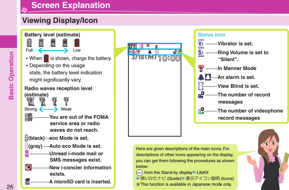Basic Operation26  Viewing Display/Icon Battery level (estimate)      Full    Low ⿠When   is shown, charge the battery. ⿠Depending on the usage state, the battery level indication might signiﬁ cantly vary. Radio waves reception level (estimate)     Strong    Weak ··········· You are out of the FOMA service area or radio waves do not reach.(black) ···eco Mode is set.(gray) ····Auto eco Mode is set. ··············Unread i-mode mail or SMS messages exist.············New i-concier information exists. ·············A microSD card is inserted.Here are given descriptions of the main icons. For descriptions of other icons appearing on the display, you can get them following the procedures as shown below: +m from the Stand-by display󱚤LifeKit󱚤使いかたナビ (Guide)󱚤表示アイコン説明 (Icons)※This function is available in Japanese mode only. Screen Explanation Status icon ········Vibrator is set. ········Ring Volume is set to “Silent”. ········In Manner Mode ···· An alarm is set. ·········View Blind is set. ········The number of record messages ········· The number of videophone record messages