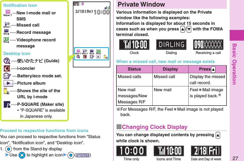 Basic Operation27 Notiﬁ cation icon ···  New i-mode mail or SMS ····Missed call ····· Record message ·····  Videophone record message Desktop icon ····· (Guide) ·····i-concier ····Battery/eco mode set. ···Picture album ······ Shows the site of the URL by i-mode ·····P-SQUARE (Maker site) ⿠“P-SQUARE” is available in Japanese only.Proceed to respective functions from iconsYou can proceed to respective functions from “Status icon”, “Notiﬁ cation icon”, and “Desktop icon”.1. +Oo from the Stand-by display▶Use +Mo to highlight an icon▶+Oo()  Private WindowVarious information is displayed on the Private window like the following examples:Information is displayed for about 15 seconds in cases such as when you press .&lt;/.&gt; with the FOMA terminal closed.Clock Receiving a callWhen a missed call, new mail or message existsStatus Display Press.&lt;Missed calls Missed call Display the missed call record.New mail messages/New Messages R/FNew mail FeelMail image is played back.※※For Messages R/F, the FeelMail image is not played back.Time onlyDate and Day of week■Changing Clock DisplayYou can change displayed contents by pressing .&lt; while clock is shown.DialingIcons and Time