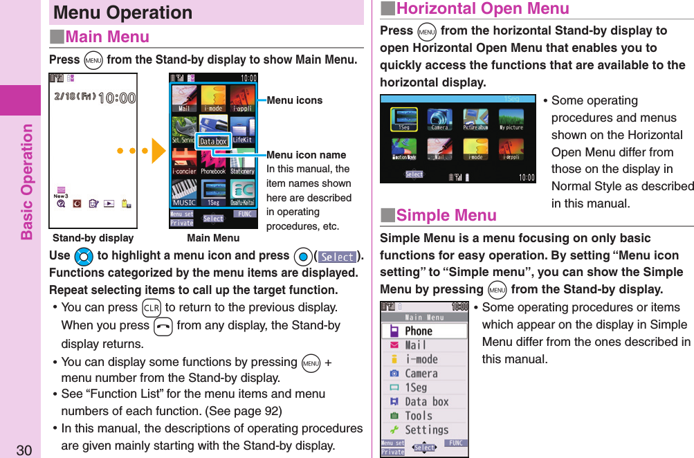 Basic Operation30Menu Operation■Main MenuPress +m from the Stand-by display to show Main Menu.Use +Mo to highlight a menu icon and press +Oo( ). Functions categorized by the menu items are displayed.  Repeat selecting items to call up the target function. ⿠You can press -r to return to the previous display.When you press -h from any display, the Stand-by display returns. ⿠You can display some functions by pressing +m + menu number from the Stand-by display. ⿠See “Function List” for the menu items and menu numbers of each function. (See page 92) ⿠In this manual, the descriptions of operating procedures are given mainly starting with the Stand-by display. Simple Menu is a menu focusing on only basic functions for easy operation. By setting “Menu icon setting” to “Simple menu”, you can show the Simple Menu by pressing +m from the Stand-by display. ⿠Some operating procedures or items which appear on the display in Simple Menu differ from the ones described in this manual.■Simple MenuMenu iconsMenu icon nameIn this manual, the item names shown here are described in operating procedures, etc.Stand-by display Main MenuPress +m from the horizontal Stand-by display to open Horizontal Open Menu that enables you to quickly access the functions that are available to the horizontal display. ⿠Some operating procedures and menus shown on the Horizontal Open Menu differ from those on the display in Normal Style as described in this manual.■Horizontal Open Menu