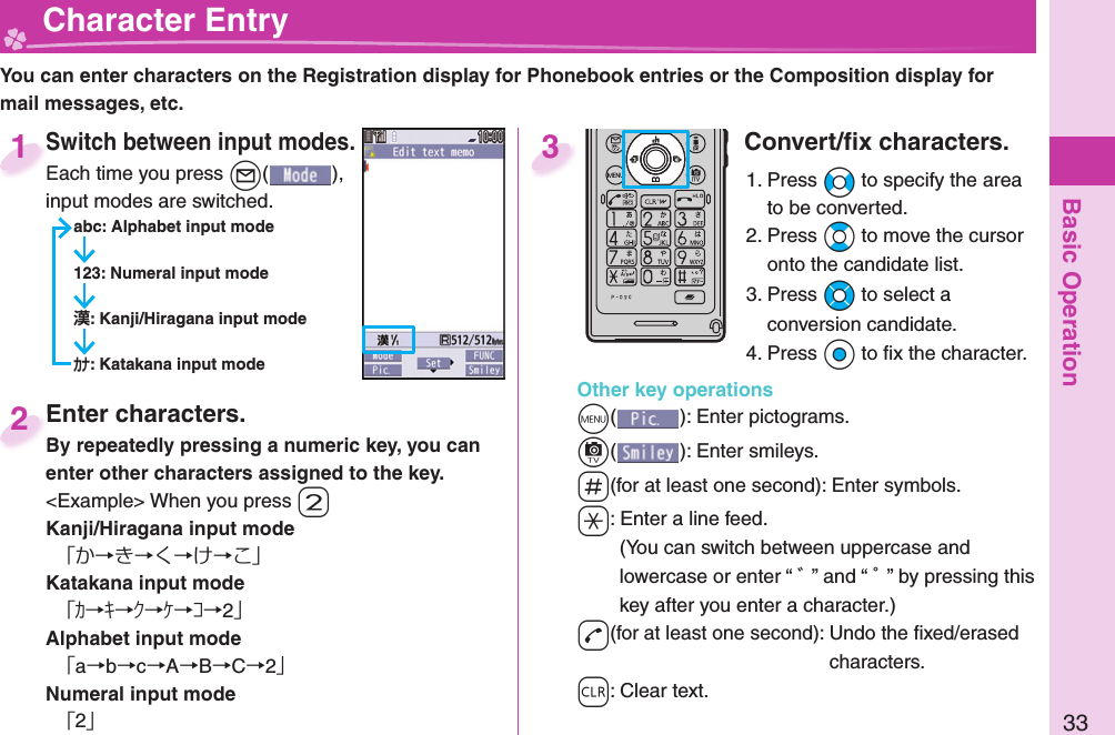 Basic Operation33  Character EntryYou can enter characters on the Registration display for Phonebook entries or the Composition display for mail messages, etc.Switch between input modes.Each time you press +l( ), input modes are switched.abc: Alphabet input mode123: Numeral input mode: Kanji/Hiragana input mode: Katakana input modeSwitch between input modes.Each time you press 1Enter characters.By repeatedly pressing a numeric key, you can enter other characters assigned to the key.&lt;Example&gt; When you press -2Kanji/Hiragana input mode「か→き→く→け→こ」Katakana input mode「ｶ→ｷ→ｸ→ｹ→ｺ→2」Alphabet input mode「a→b→c→A→B→C→2」Numeral input mode「2」Enter characters.By repeatedly pressing a numeric key, you can 2Convert/ﬁ x characters.1. Press +No to specify the area to be converted.2. Press +Bo to move the cursor onto the candidate list.3. Press +Mo to select a conversion candidate.4. Press +Oo to ﬁ x the character.Other key operations+m(): Enter  pictograms.+c(): Enter  smileys.-s(for at least one second): Enter  symbols.-a: Enter a  line feed.(You can switch between uppercase and lowercase or enter “ ゛” and “ ゜” by pressing this key after you enter a character.)-d(for at least one second): Undo the ﬁ xed/erased characters.-r: Clear text.3