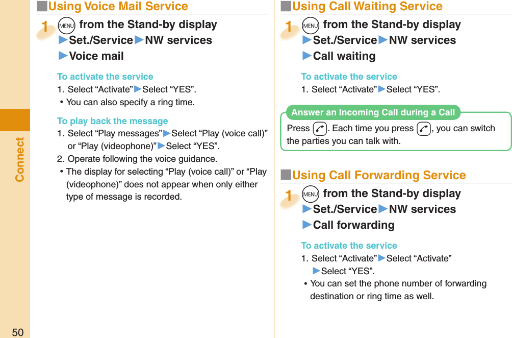 50Connect■  Using Voice Mail Service+m from the Stand-by display▶Set./Service▶NW services▶Voice mailTo activate the service1. Select “Activate”▶Select “YES”. ⿠You can also specify a ring time. To play back the message1. Select “Play messages”▶Select “Play (voice call)” or “Play (videophone)”▶Select “YES”.2. Operate following the voice guidance. ⿠The display for selecting “Play (voice call)” or “Play (videophone)” does not appear when only either type of message is recorded.+m+1■ Using Call Waiting Service+m from the Stand-by display▶Set./Service▶NW services▶Call waitingTo activate the service1. Select “Activate”▶Select “YES”.+m+1■ Using Call Forwarding Service+m from the Stand-by display▶Set./Service▶NW services▶Call forwardingTo activate the service1. Select “Activate”▶Select “Activate”▶Select “YES”. ⿠You can set the phone number of forwarding destination or ring time as well.+m+1Press -d. Each time you press -d, you can switch the parties you can talk with.Answer an Incoming Call during a Call