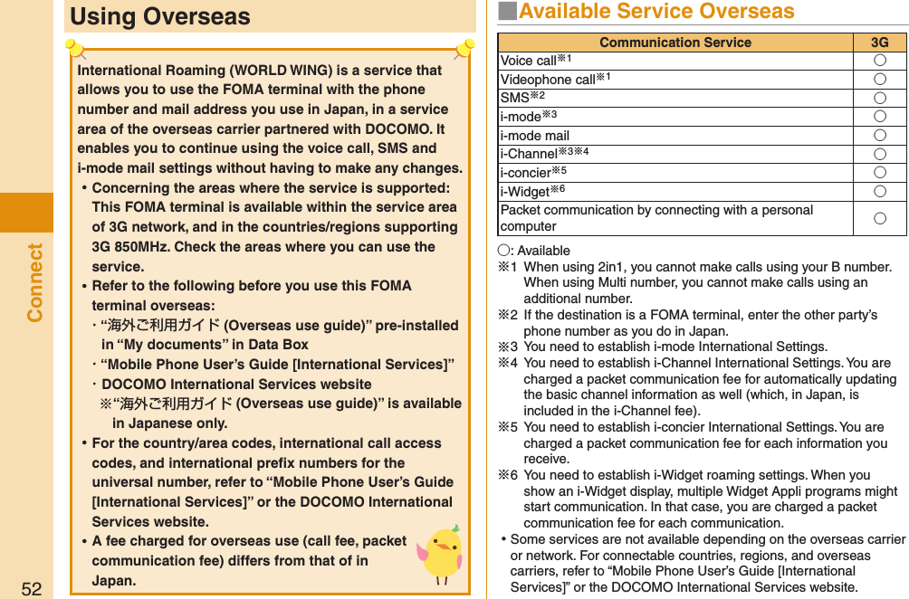 52ConnectUsing Overseas ■Available Service Overseas○: Available※1  When using 2in1, you cannot make calls using your B number. When using Multi number, you cannot make calls using an additional number.※2  If the destination is a FOMA terminal, enter the other party’s phone number as you do in Japan.※3  You need to establish i-mode International Settings.※4  You need to establish i-Channel International Settings. You are charged a packet communication fee for automatically updating the basic channel information as well (which, in Japan, is included in the i-Channel fee).※5  You need to establish i-concier International Settings. You are charged a packet communication fee for each information you receive.※6  You need to establish i-Widget roaming settings. When you show an i-Widget display, multiple Widget Appli programs might start communication. In that case, you are charged a packet communication fee for each communication. ⿠Some services are not available depending on the overseas carrier or network. For connectable countries, regions, and overseas carriers, refer to “Mobile Phone User’s Guide [International Services]” or the DOCOMO International Services website.Communication Service 3GVoice call※1○Videophone call※1○SMS※2○i-mode※3○i-mode mail ○i-Channel※3※4○i-concier※5○i-Widget※6○Packet communication by connecting with a personal computer ○International Roaming (WORLD WING) is a service that allows you to use the FOMA terminal with the phone number and mail address you use in Japan, in a service area of the overseas carrier partnered with DOCOMO. It enables you to continue using the voice call, SMS and i-mode mail settings without having to make any changes. ⿠Concerning the areas where the service is supported: This FOMA terminal is available within the service area of 3G network, and in the countries/regions supporting 3G 850MHz. Check the areas where you can use the service. ⿠Refer to the following before you use this FOMA terminal overseas:・ “海外ご利用ガイド (Overseas use guide)” pre-installed in “My documents” in Data Box・ “Mobile Phone User’s Guide [International Services]”・ DOCOMO International Services website“海外ご利用ガイド (Overseas use guide)” is available in Japanese only. ⿠For the country/area codes, international call access codes, and international preﬁx numbers for the universal number, refer to “Mobile Phone User’s Guide [International Services]” or the DOCOMO International Services website. ⿠A fee charged for overseas use (call fee, packet communication fee) differs from that of in Japan. 