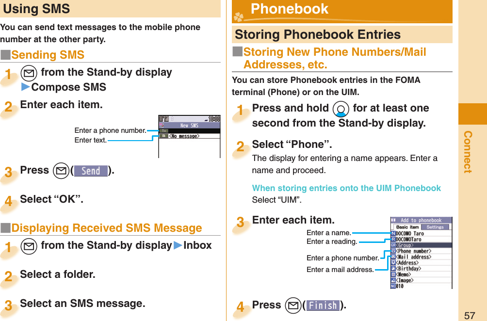 57Connect Using SMSYou can send text messages to the mobile phone number at the other party.Enter each item.Enter each item.2Enter a phone number.Enter text.l from the Stand-by display▶Compose SMSl1Press +l( ).Press 3■ Sending SMSSelect “OK”.Select “OK”.4■ Displaying Received SMS Message+l from the Stand-by display▶Inbox+l+1Select a folder.Select a folder.2Select an SMS message.Select an SMS message.3  Storing Phonebook EntriesPress and hold +Xo for at least one second from the Stand-by display.Press and hold second from the Stand-by display.1Select “Phone”.The display for entering a name appears. Enter a name and proceed.When storing entries onto the UIM PhonebookSelect “UIM”.Select “Phone”.The display for entering a name appears. Enter a 2Enter each item.Enter each item.3Enter a name.Enter a reading.Enter a phone number.Enter a mail address.Press +l( ).Press 4  Phonebook■Storing New Phone Numbers/Mail Addresses, etc.You can store Phonebook entries in the FOMA terminal (Phone) or on the UIM.