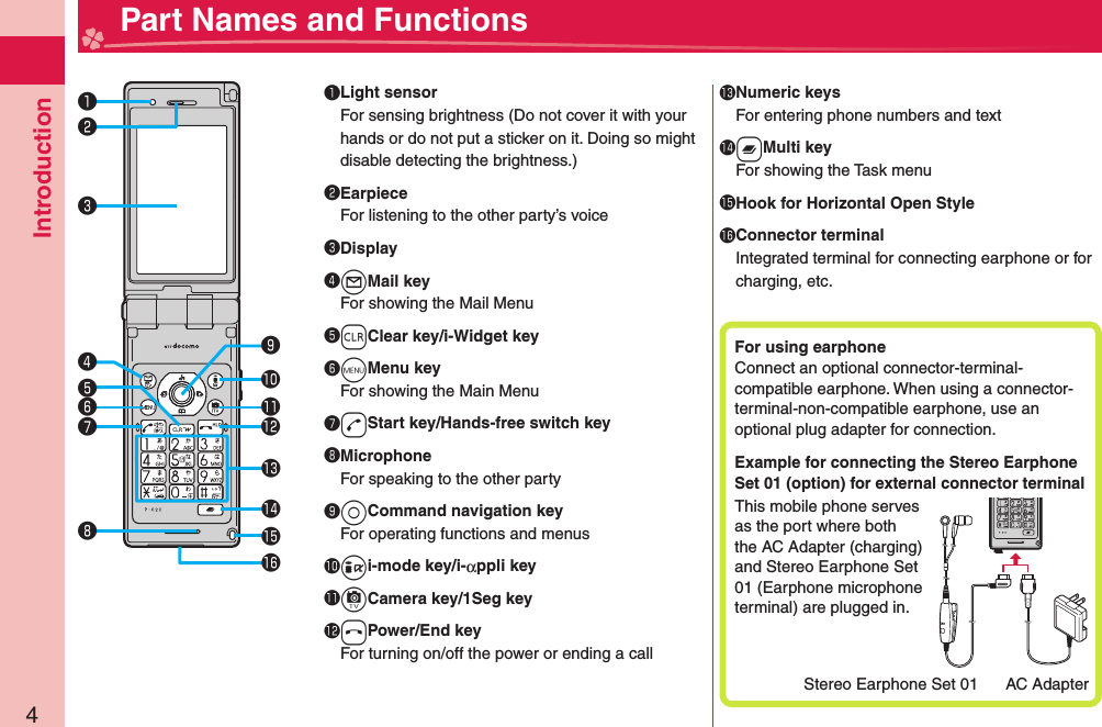 Introduction4  Part Names and Functions󰝟󰝠󰝡󰝤󰝥󰝦󰝧󱀓󱀔󱀕󱀖󱀘󱀙󰝟 Light sensorFor sensing brightness (Do not cover it with your hands or do not put a sticker on it. Doing so might disable detecting the brightness.)󰝠EarpieceFor listening to the other party’s voice󰝡 Display󰝢+lMail keyFor showing the Mail Menu󰝣+rClear key/i-Widget key󰝤+mMenu keyFor showing the Main Menu󰝥+dStart key/Hands-free switch key󰝦MicrophoneFor speaking to the other party󰝧+oCommand navigation keyFor operating functions and menus󱀓+ii-mode key/i-αppli key󱀔+cCamera key/1Seg key󱀕+hPower/End keyFor turning on/off the power or ending a call󱀖 Numeric keysFor entering phone numbers and text󱀗+xMulti keyFor showing the Task menu󱀘 Hook for Horizontal Open Style󱀙 Connector terminalIntegrated terminal for connecting earphone or for charging, etc.󱀗󰝣󰝢For using  earphoneConnect an optional connector-terminal-compatible earphone. When using a connector-terminal-non-compatible earphone, use an optional plug adapter for connection.Example for connecting the Stereo Earphone Set 01 (option) for external connector terminalThis mobile phone serves as the port where both the AC Adapter (charging) and Stereo Earphone Set 01 (Earphone microphone terminal) are plugged in.Stereo Earphone Set 01 AC Adapter