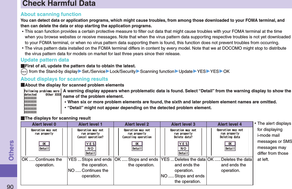 90OthersCheck Harmful DataAbout scanning functionYou can detect data or application programs, which might cause troubles, from among those downloaded to your FOMA terminal, and then can delete the data or stop starting the application programs. ⿠This scan function provides a certain protective measure to ﬁlter out data that might cause troubles with your FOMA terminal at the time when you browse websites or receive messages. Note that when the virus pattern data supporting respective troubles is not yet downloaded to your FOMA terminal, or when no virus pattern data supporting them is found, this function does not prevent troubles from occurring. ⿠The virus pattern data installed on the FOMA terminal differs in content by every model. Note that we at DOCOMO might stop to distribute the virus pattern data for models on market for last three years since their release.Update pattern data First of all, update the pattern data to obtain the latest.+m from the Stand-by display▶Set./Service▶Lock/Security▶Scanning function▶Update▶YES▶YES▶OKAbout displays for scanning results About the display for scanned problem elementsA warning display appears when problematic data is found. Select “Detail” from the warning display to show the name of the problem element. ⿠When six or more problem elements are found, the sixth and later problem element names are omitted. ⿠“Detail” might not appear depending on the detected problem element. The displays for scanning resultAlert level 0 Alert level 1 Alert level 2 Alert level 3 Alert level 4OK ..... Continues the operation.YES ... Stops and ends the operation.NO ..... Continues the operation.OK ..... Stops and ends the operation.YES ... Deletes the data and ends the operation.NO ..... Stops and ends the operation.OK ..... Deletes the data and ends the operation. ⿠The alert displays for displaying i-mode mail messages or SMS messages may differ from those at left.